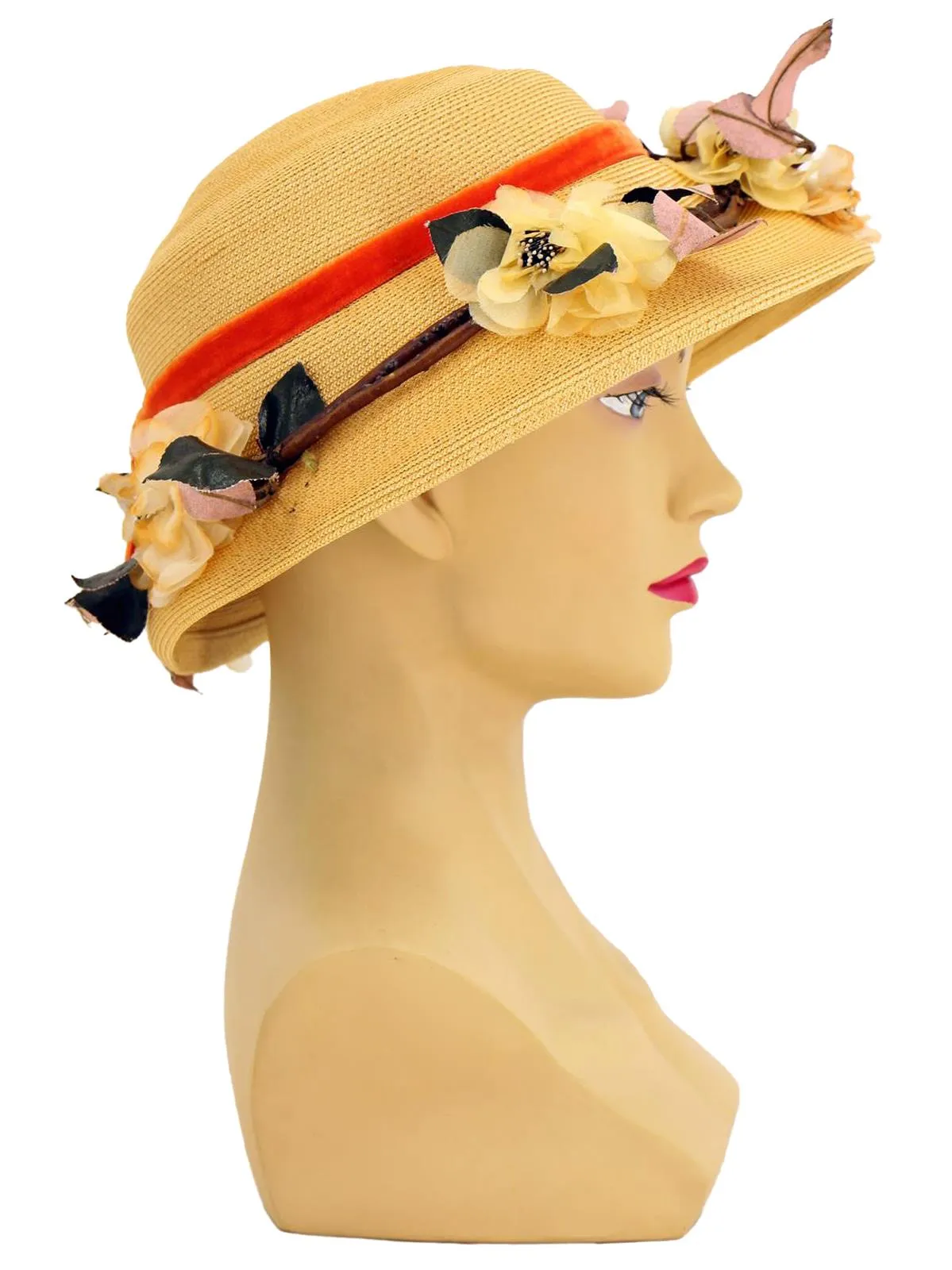 1950s Vintage Rose Trim Straw Hat