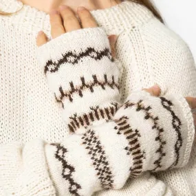 Alpaca Handknit Half Mitts - Ivory White   Brown