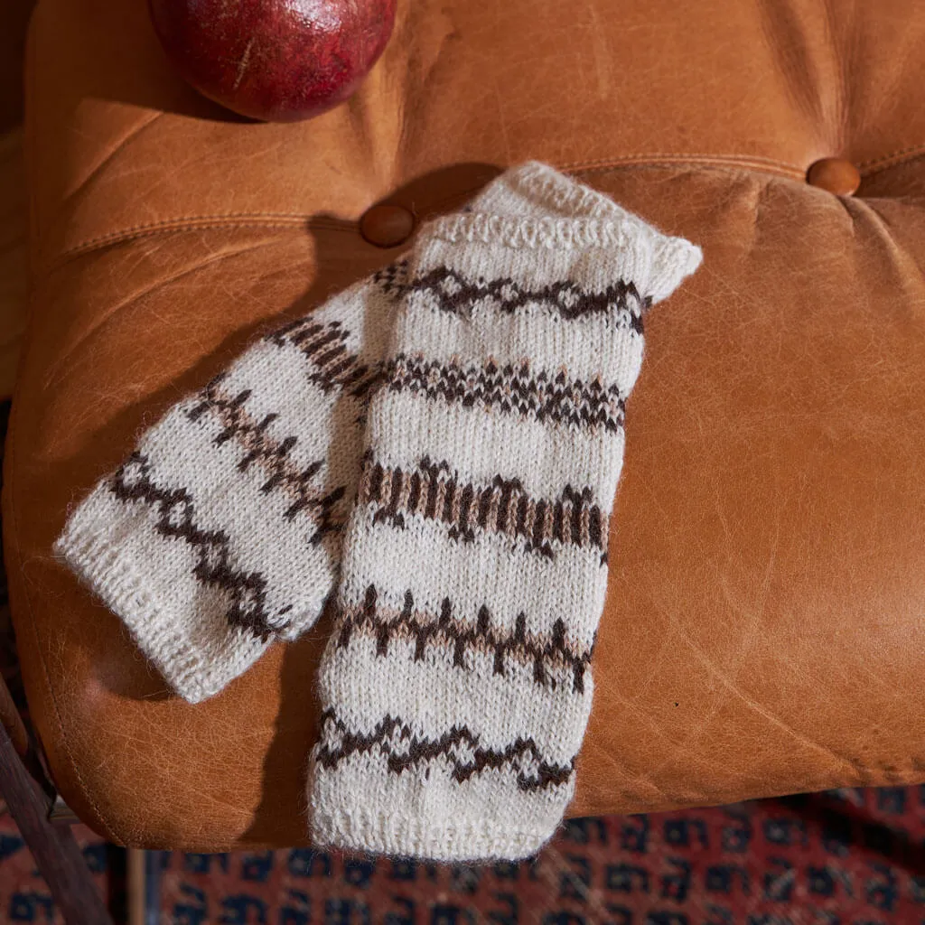 Alpaca Handknit Half Mitts - Ivory White   Brown