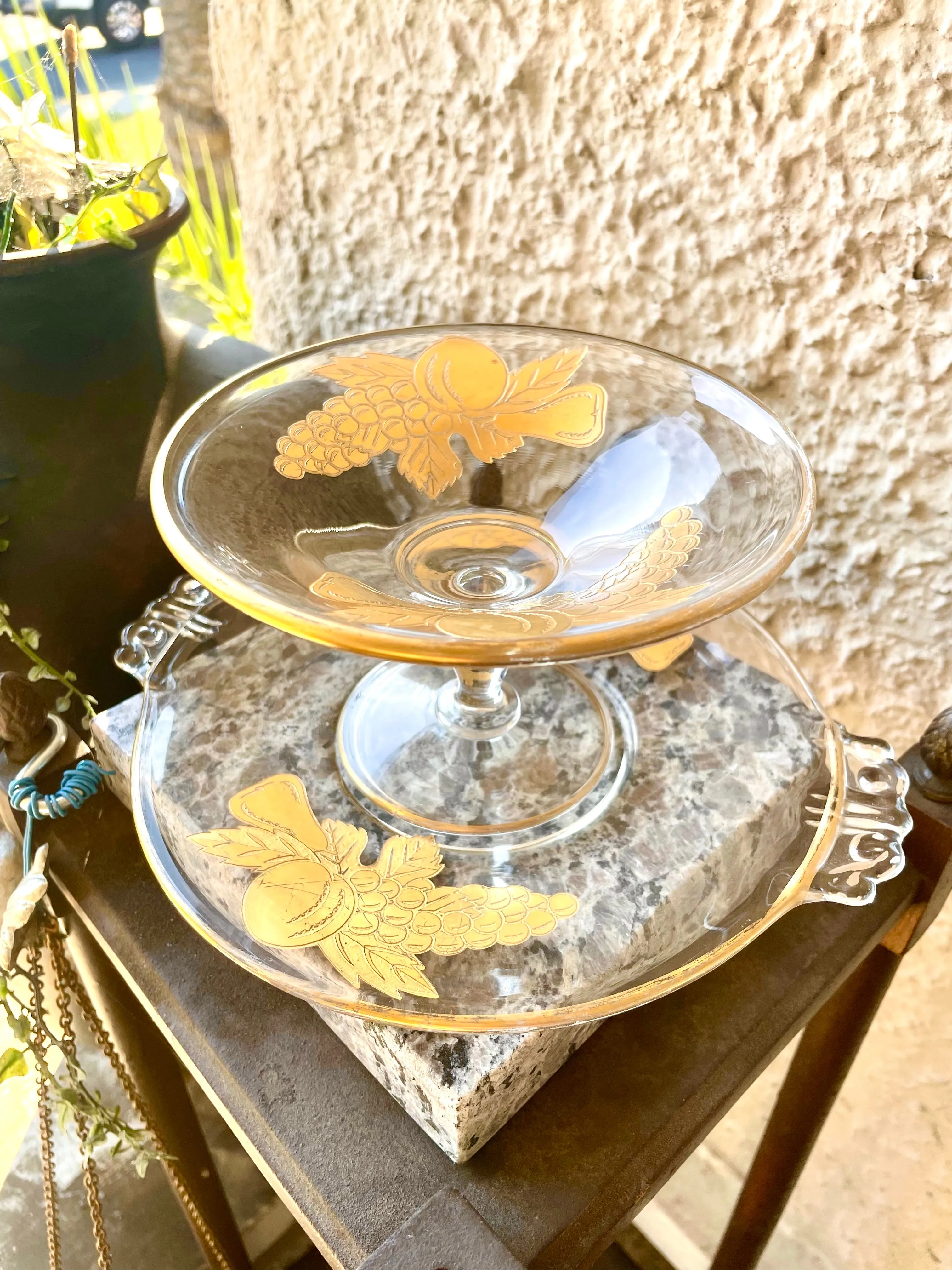 Antique Glass Gold Leaf Fruit Cup & Saucer Plate Tea Set