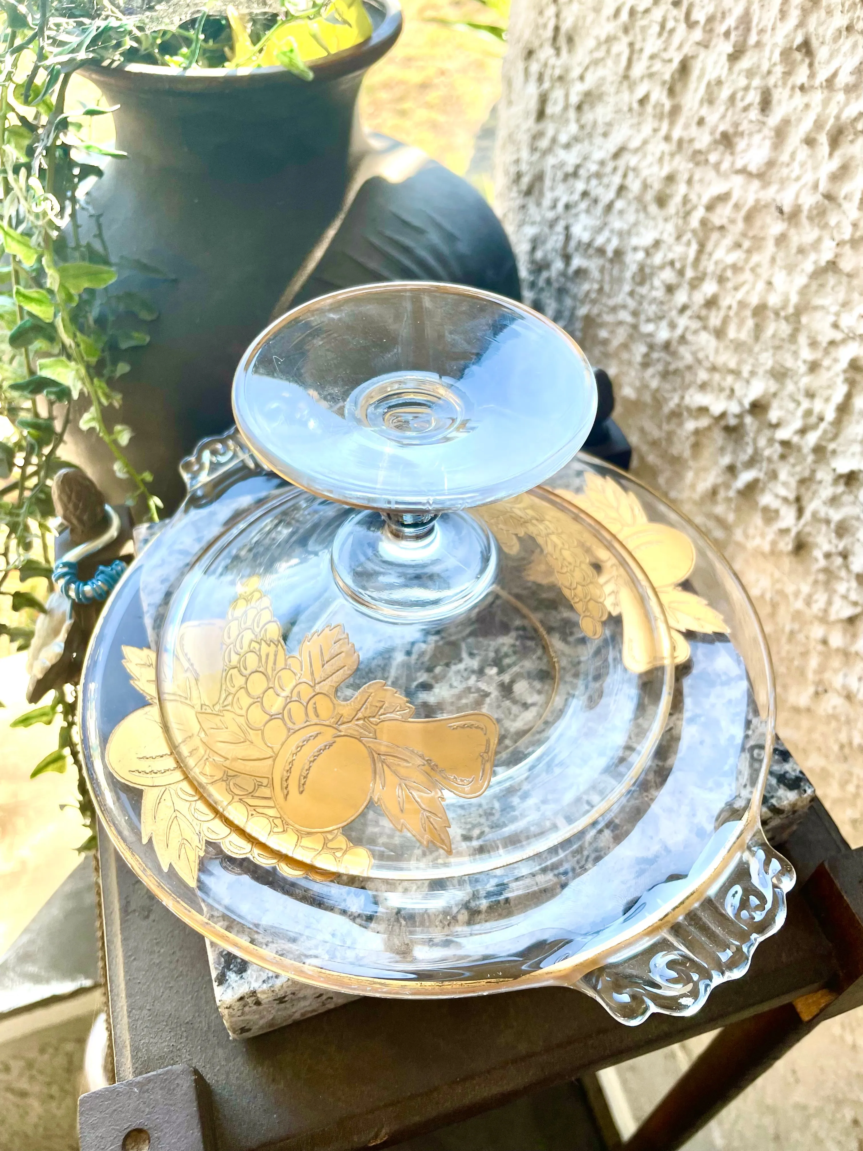 Antique Glass Gold Leaf Fruit Cup & Saucer Plate Tea Set