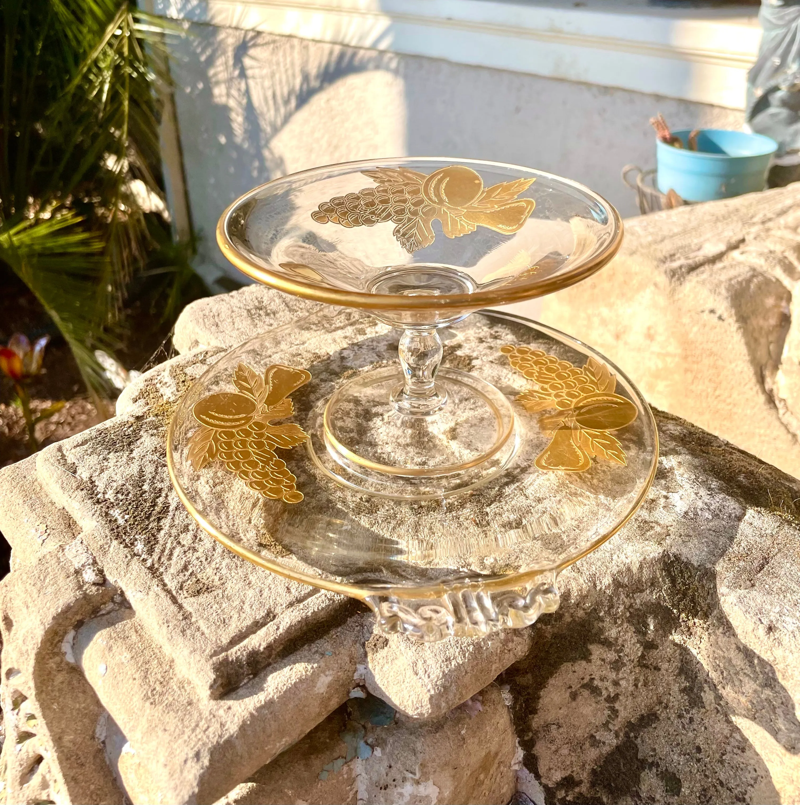 Antique Glass Gold Leaf Fruit Cup & Saucer Plate Tea Set