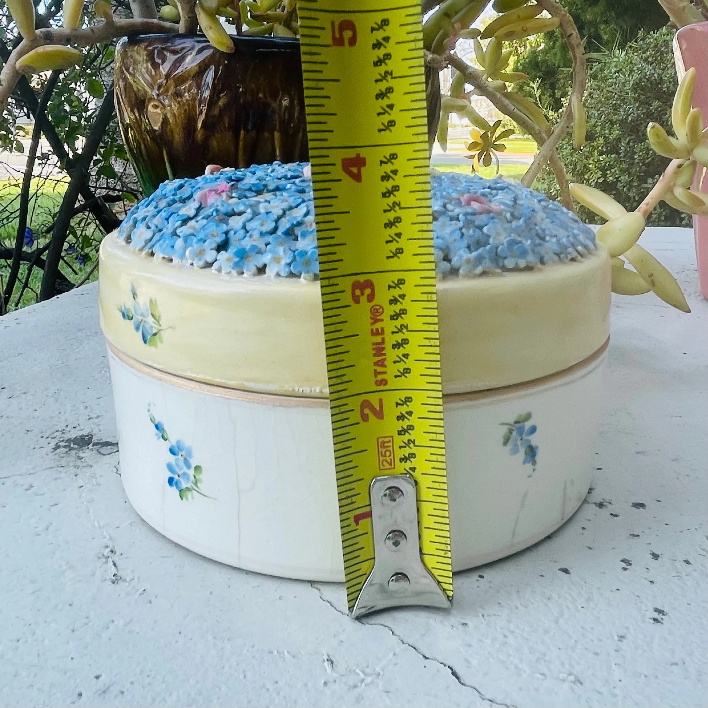 Antique Ornate Ceramic Blue Flower Signed Germany Floral Jar Container w Lid