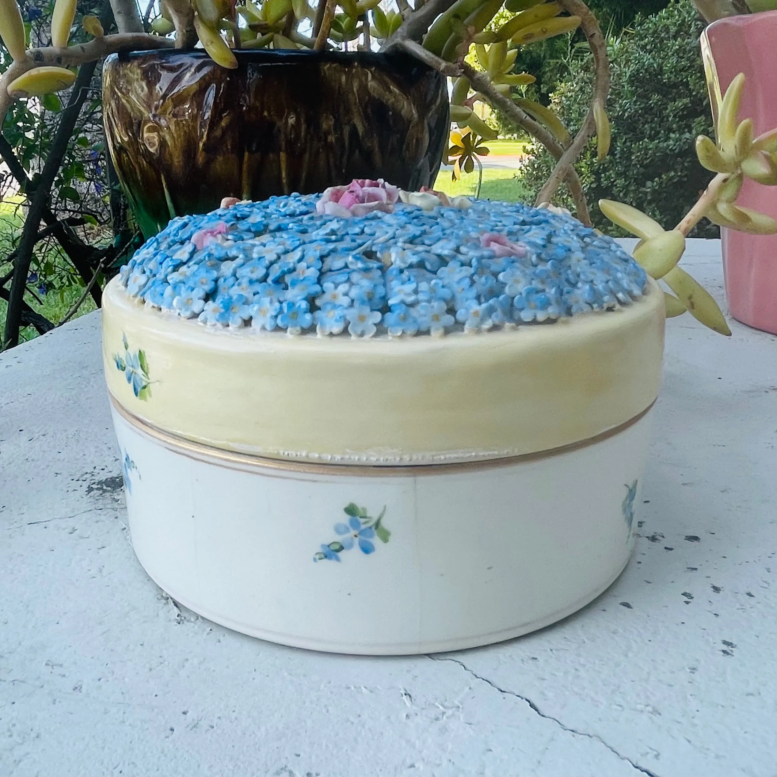 Antique Ornate Ceramic Blue Flower Signed Germany Floral Jar Container w Lid