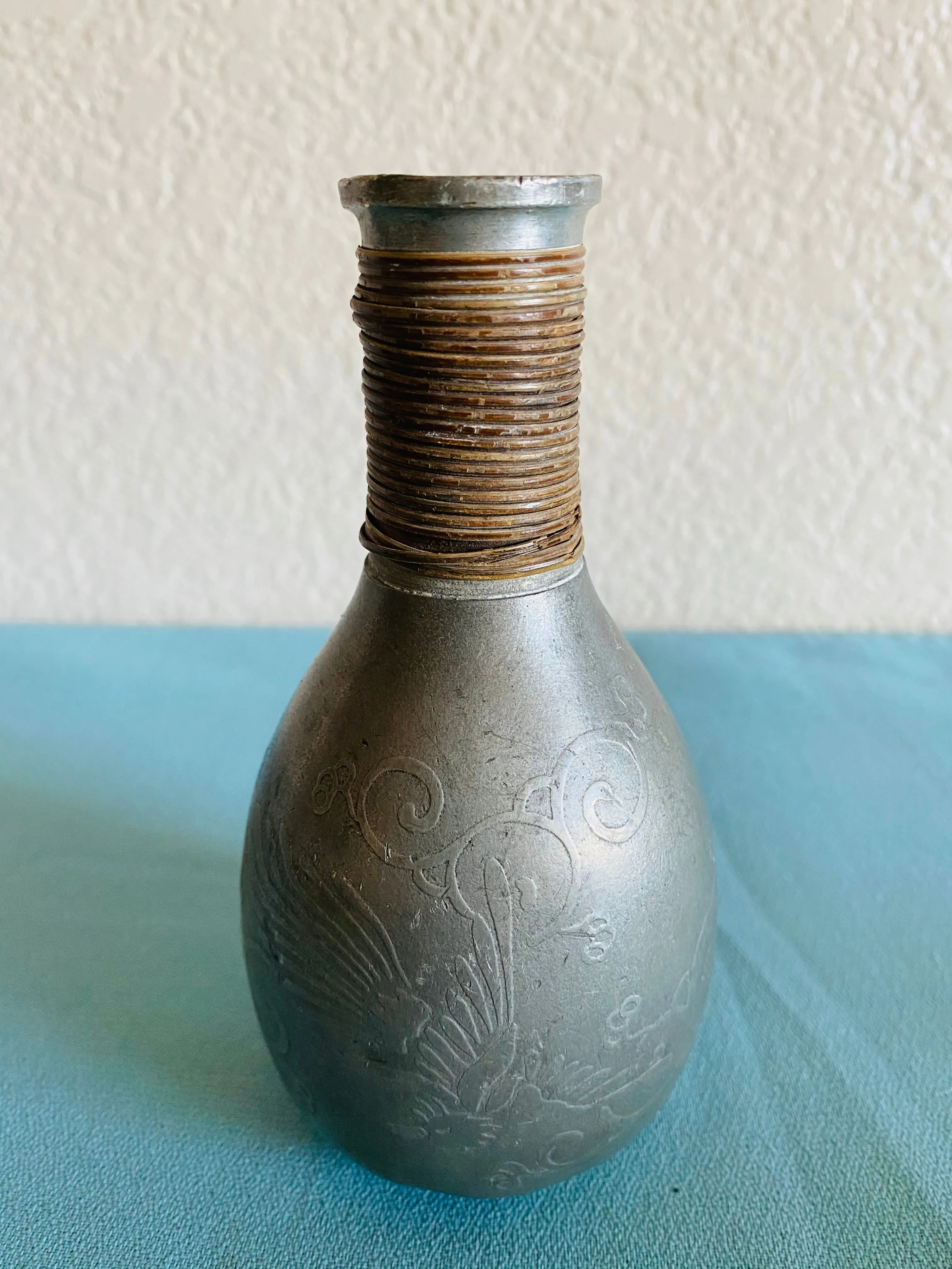 Antique Signed Silver Tone Metal Decorative Etched Bird Floral Vase