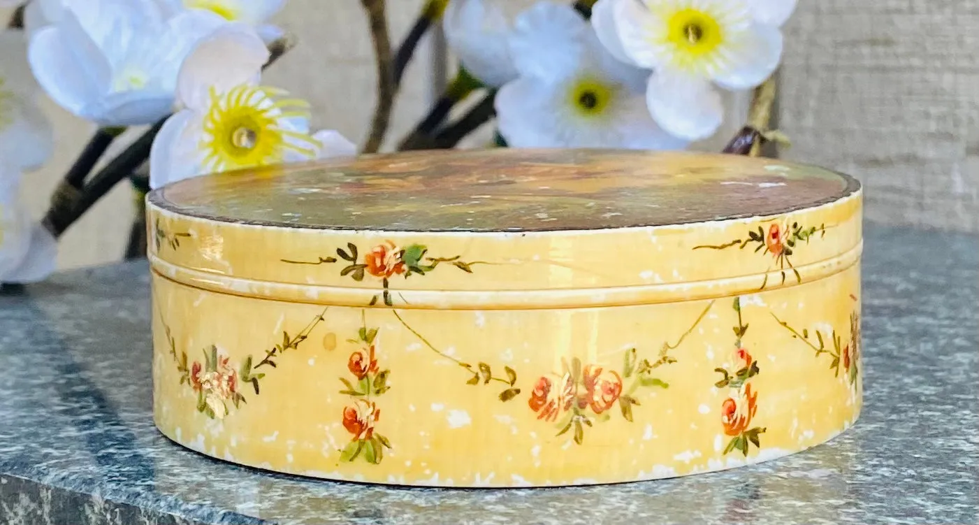 Antique Victorian Yellow Floral Outdoor Scenery Trinket Keepsake Box Container