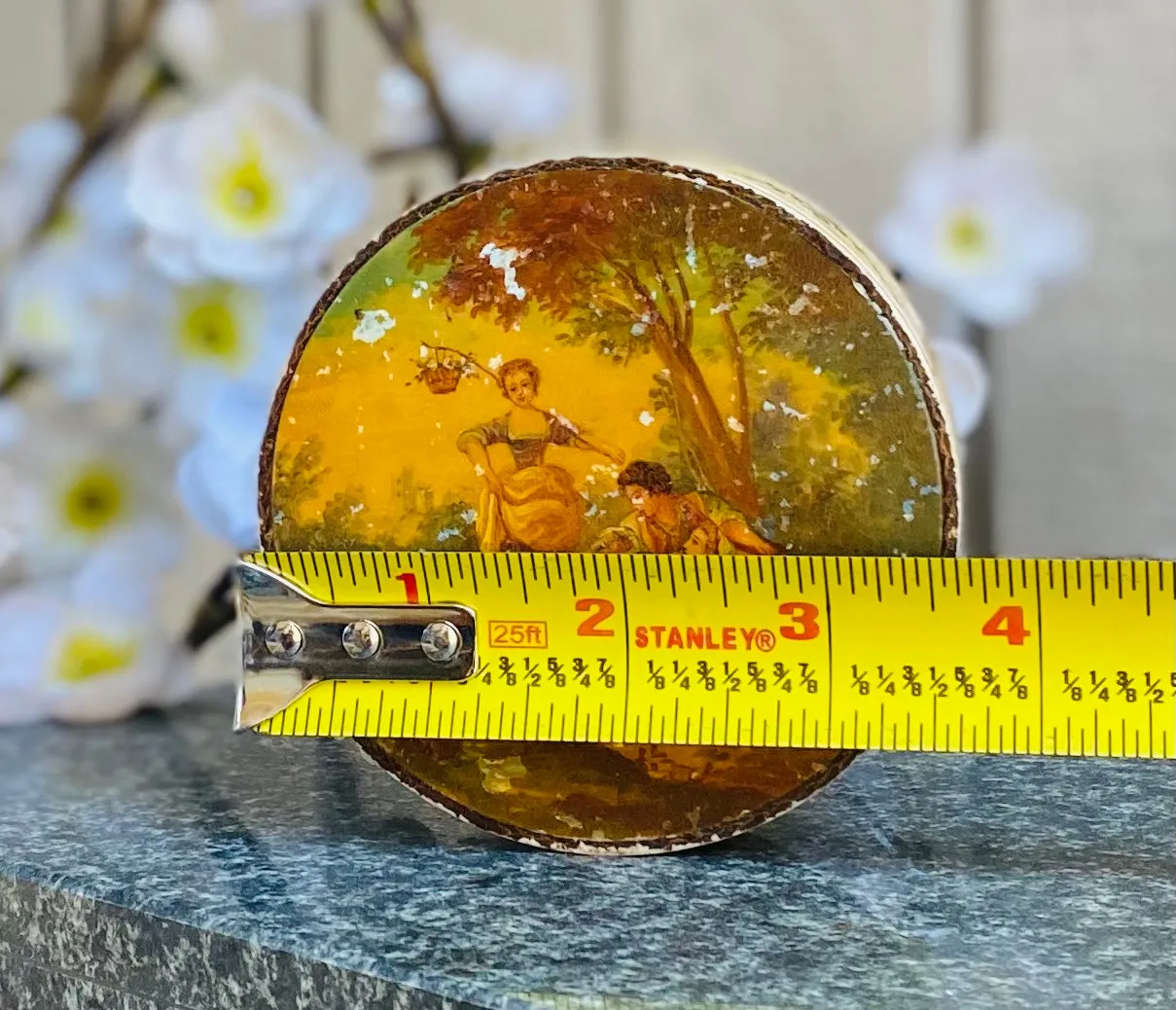 Antique Victorian Yellow Floral Outdoor Scenery Trinket Keepsake Box Container