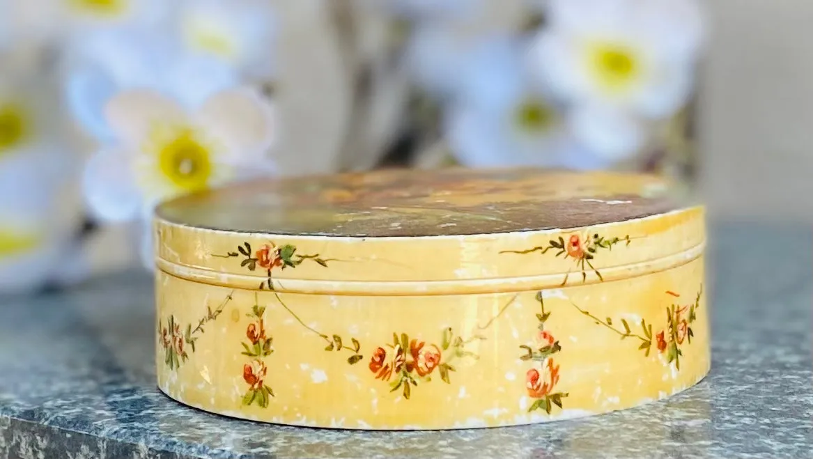 Antique Victorian Yellow Floral Outdoor Scenery Trinket Keepsake Box Container