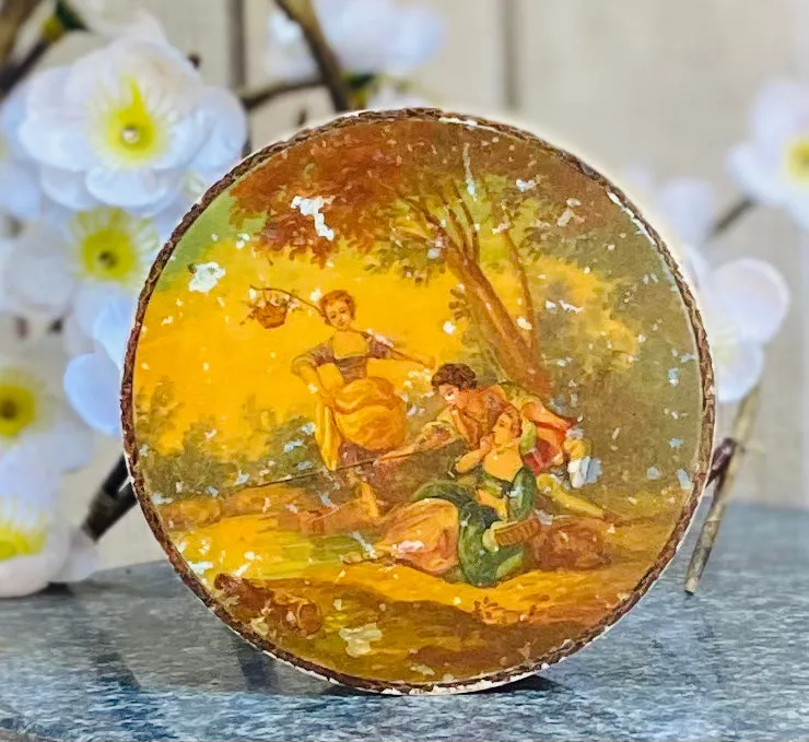 Antique Victorian Yellow Floral Outdoor Scenery Trinket Keepsake Box Container