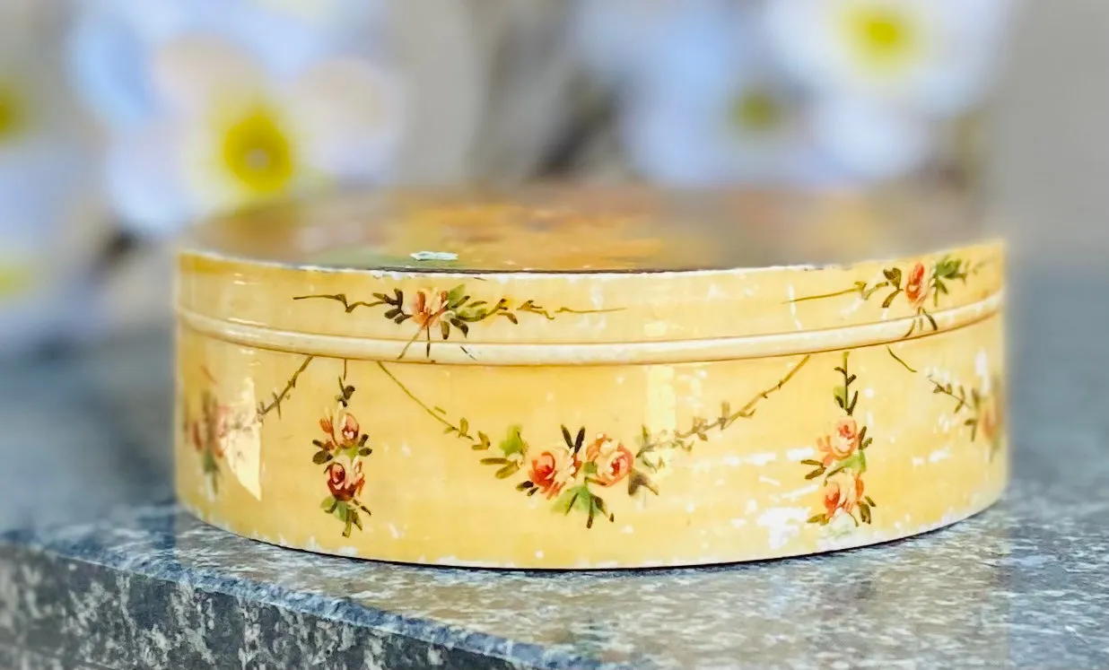 Antique Victorian Yellow Floral Outdoor Scenery Trinket Keepsake Box Container