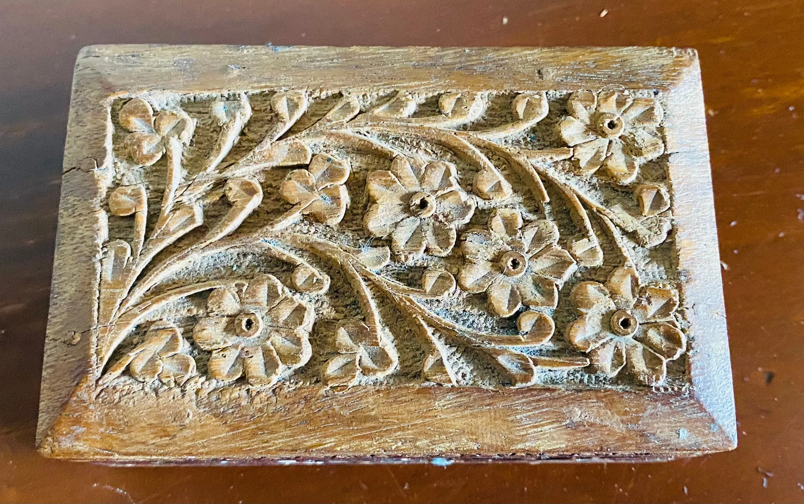 Antique Vintage Carved Floral Ornate Wooden Keepsake Trinket Box