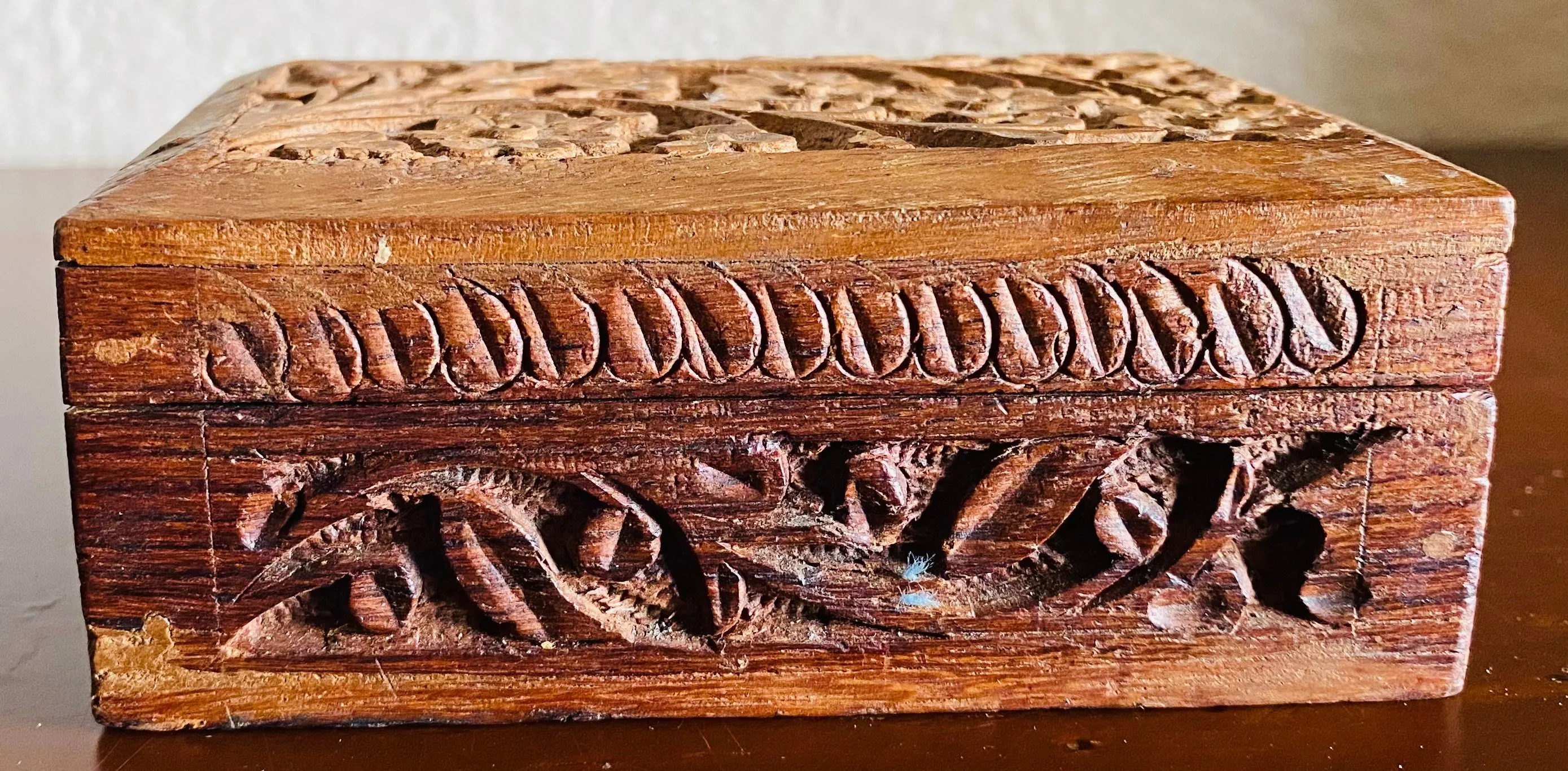 Antique Vintage Carved Floral Ornate Wooden Keepsake Trinket Box