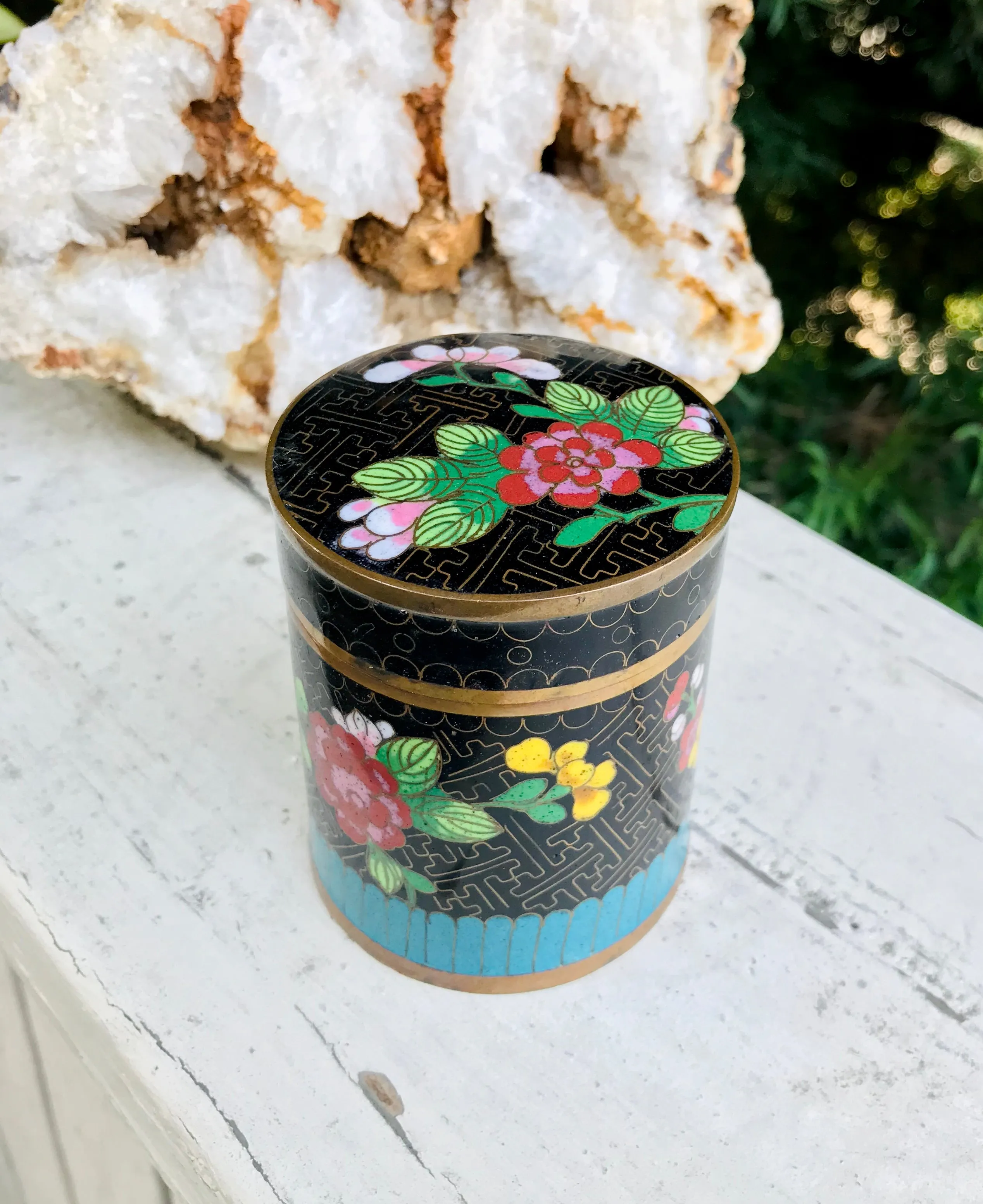 Antique Vintage Floral Cloisonne Enamel Blue Black Trinket Lid Jar Tea Caddy