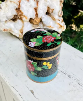 Antique Vintage Floral Cloisonne Enamel Blue Black Trinket Lid Jar Tea Caddy