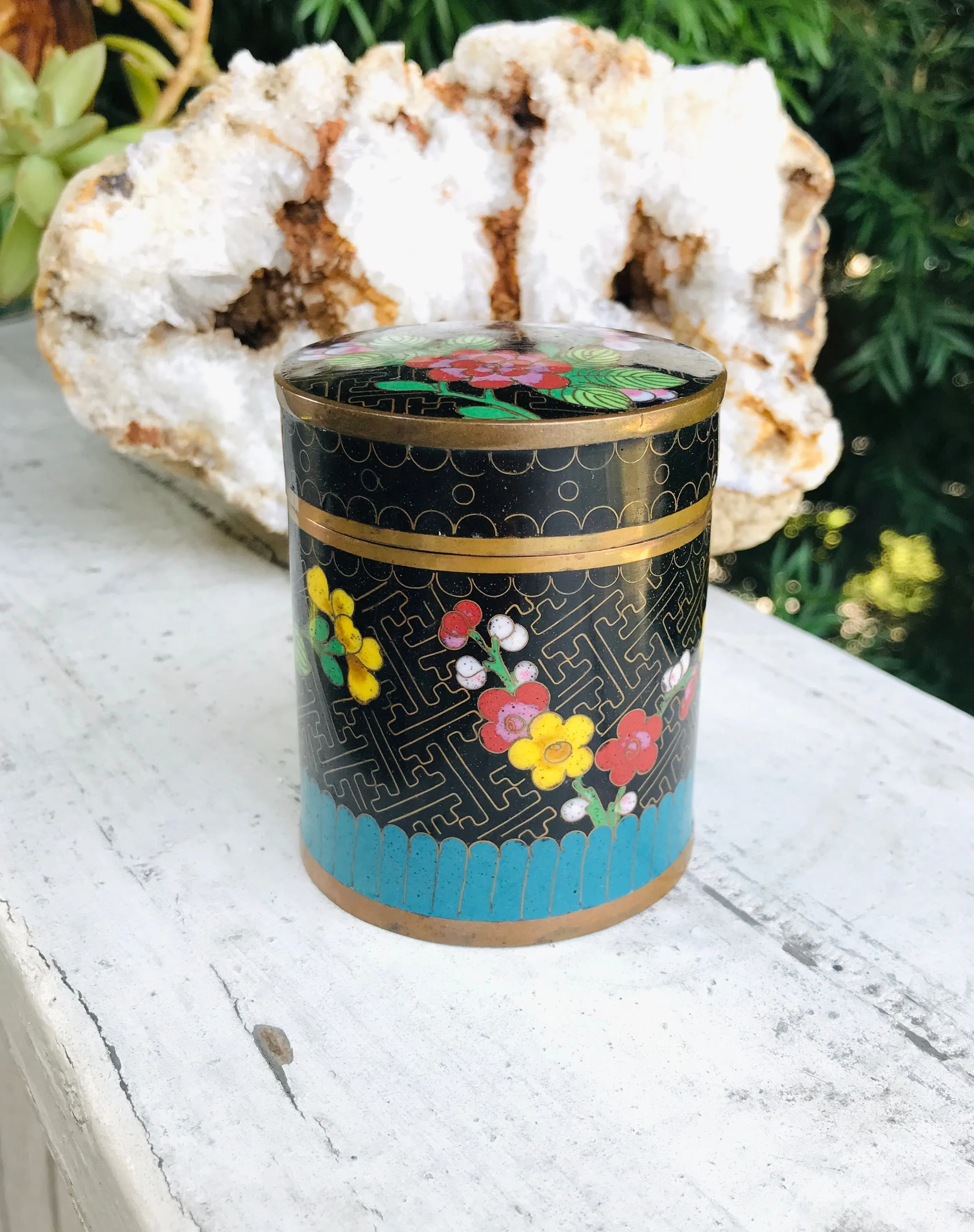 Antique Vintage Floral Cloisonne Enamel Blue Black Trinket Lid Jar Tea Caddy