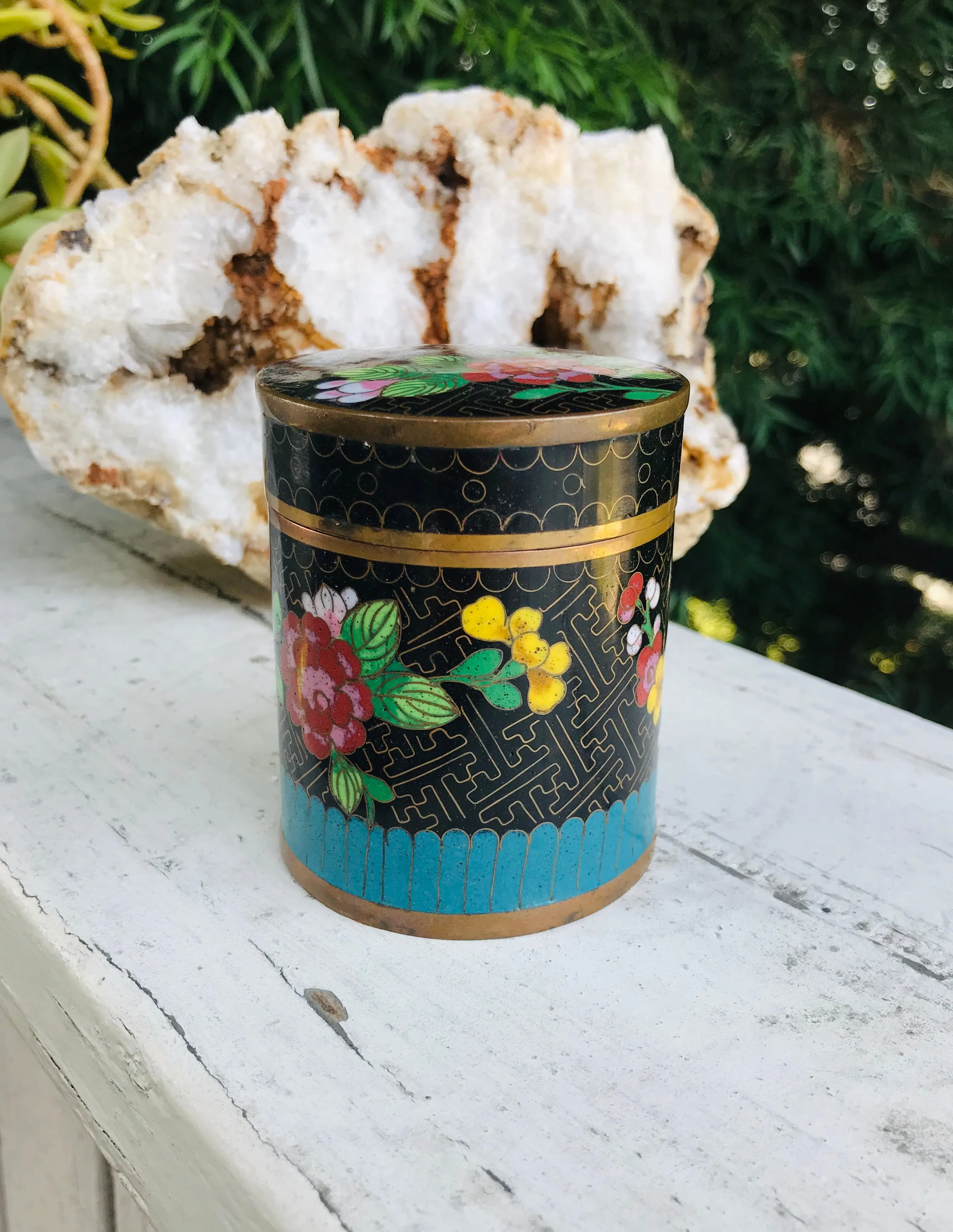 Antique Vintage Floral Cloisonne Enamel Blue Black Trinket Lid Jar Tea Caddy