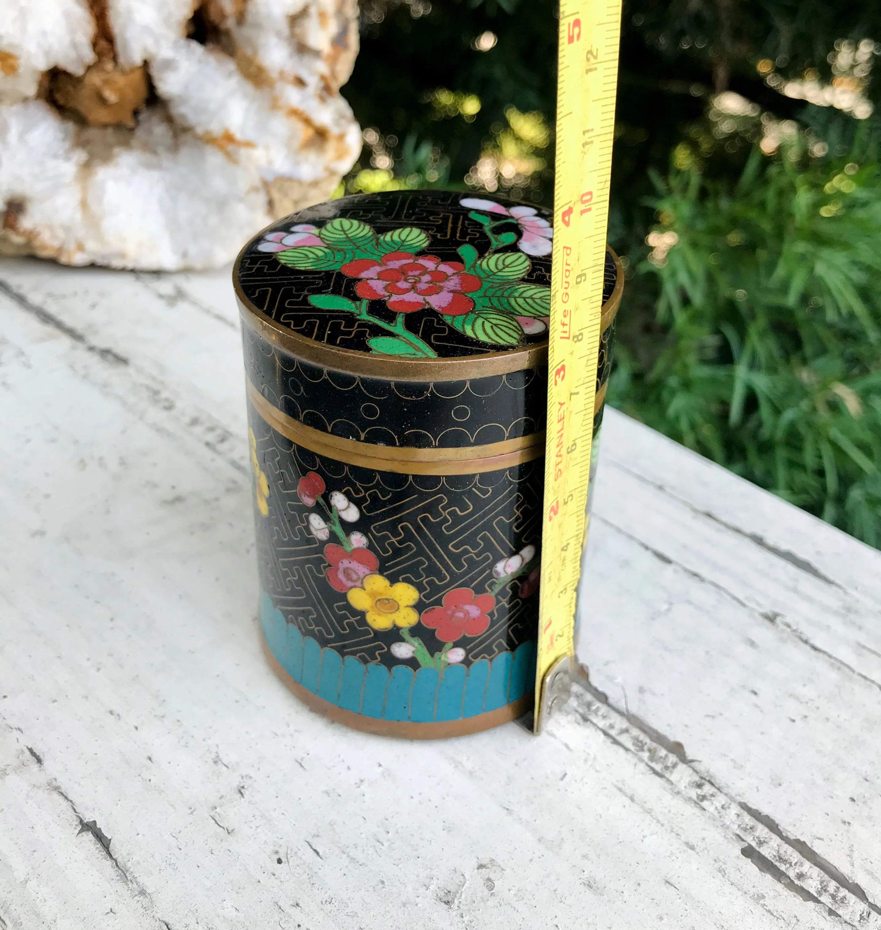 Antique Vintage Floral Cloisonne Enamel Blue Black Trinket Lid Jar Tea Caddy