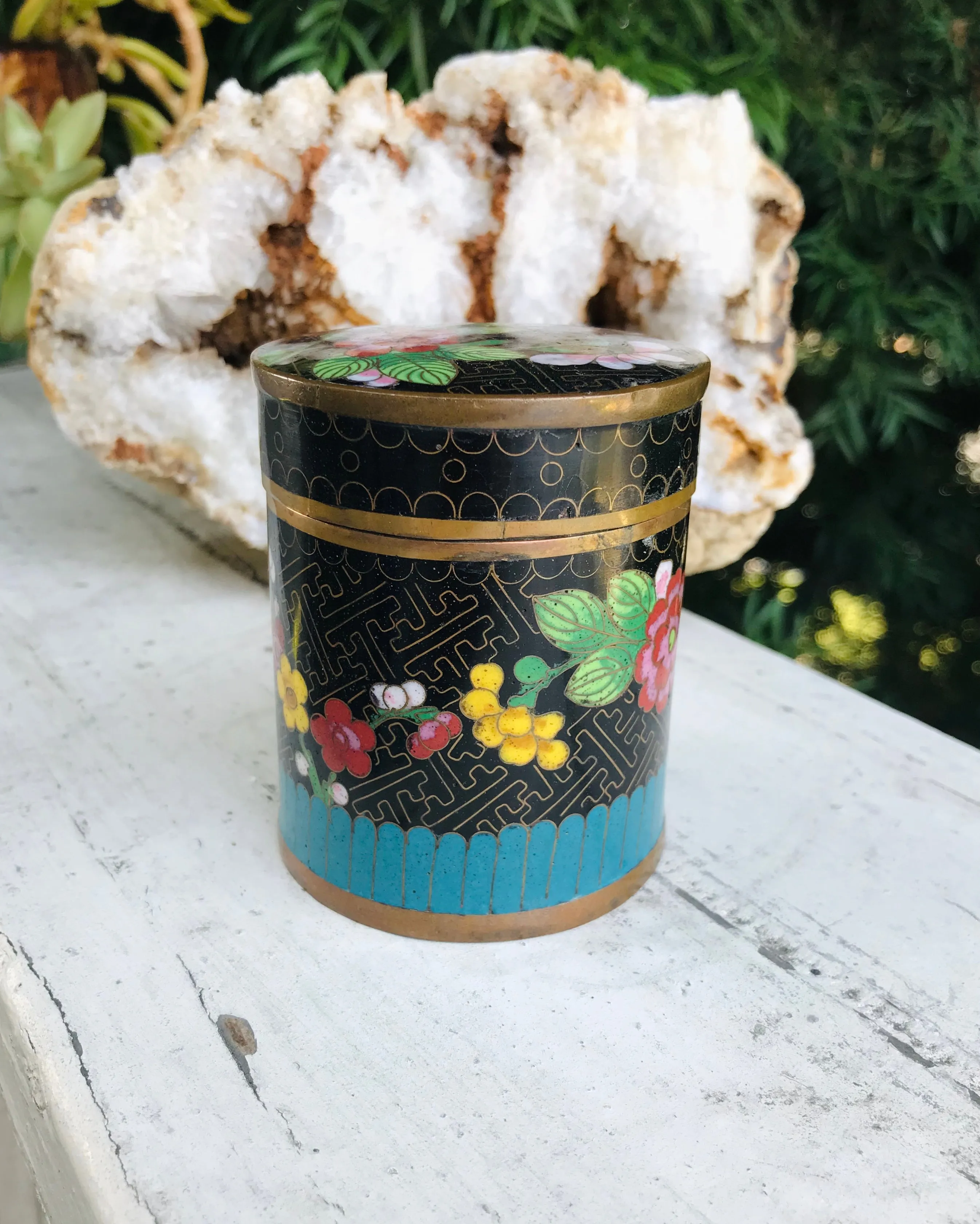 Antique Vintage Floral Cloisonne Enamel Blue Black Trinket Lid Jar Tea Caddy