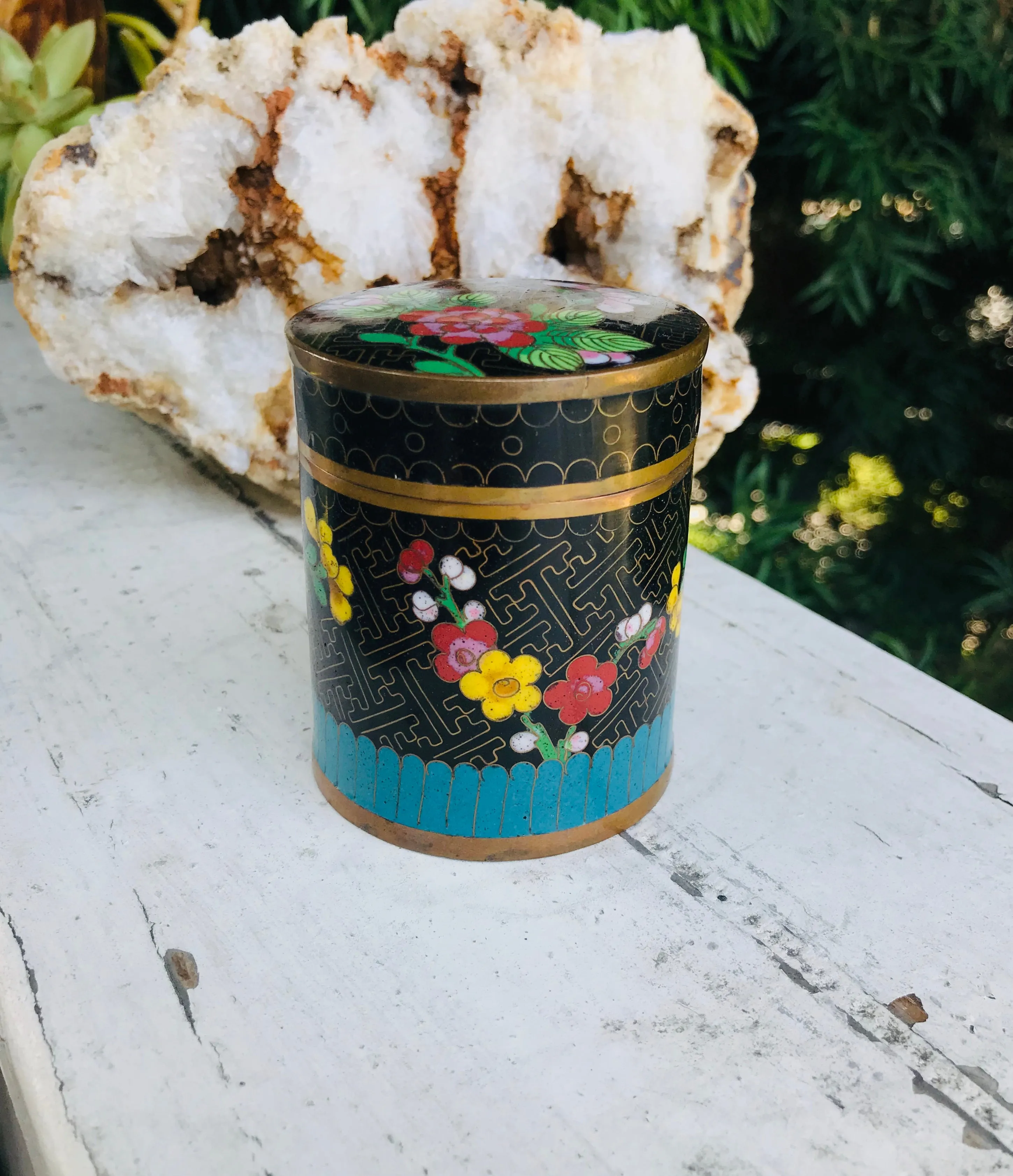 Antique Vintage Floral Cloisonne Enamel Blue Black Trinket Lid Jar Tea Caddy