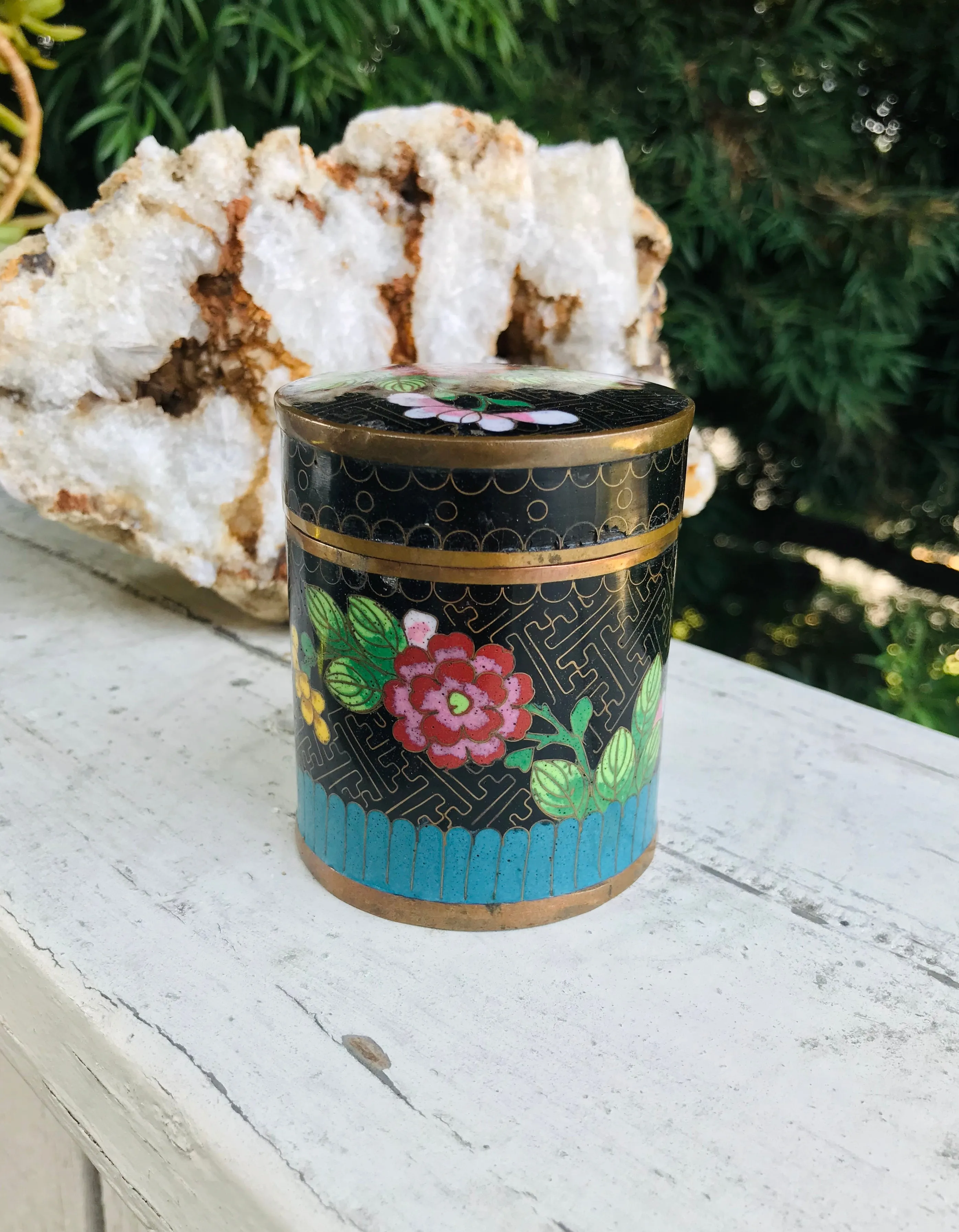 Antique Vintage Floral Cloisonne Enamel Blue Black Trinket Lid Jar Tea Caddy