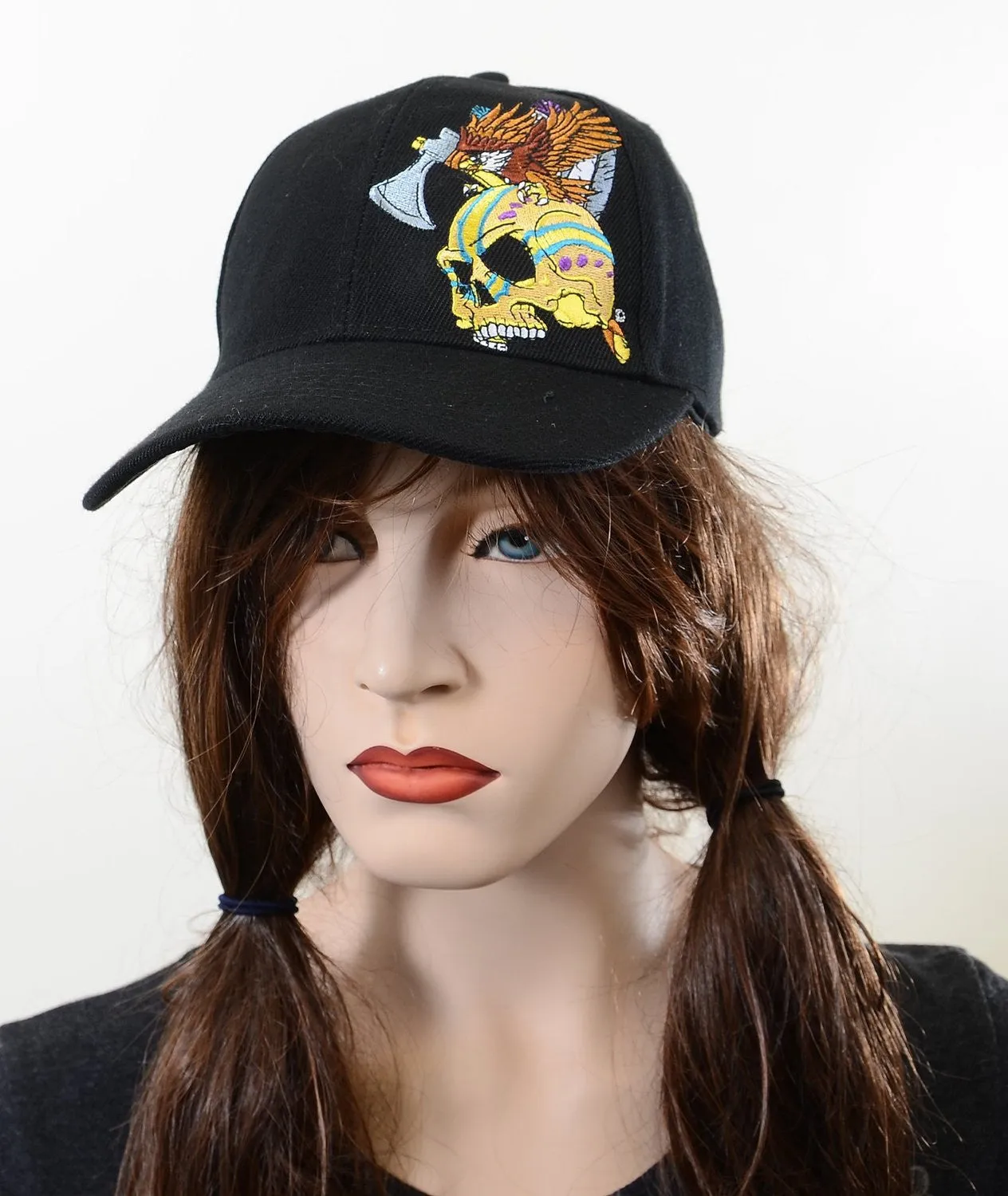 Black Tribal Skull with Eagle Embroidered Adjustable Unisex Baseball Hat