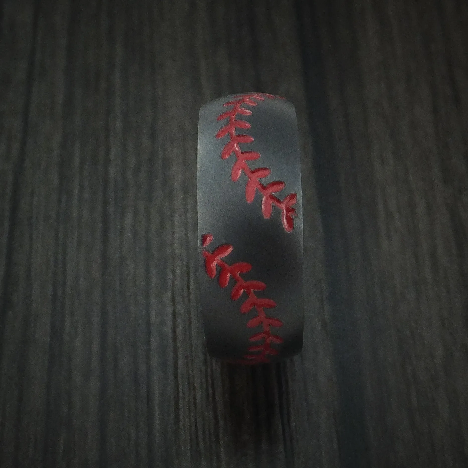 Black Zirconium Double Stitch Baseball Men's Ring with Custom Color and Hardwood Sleeve