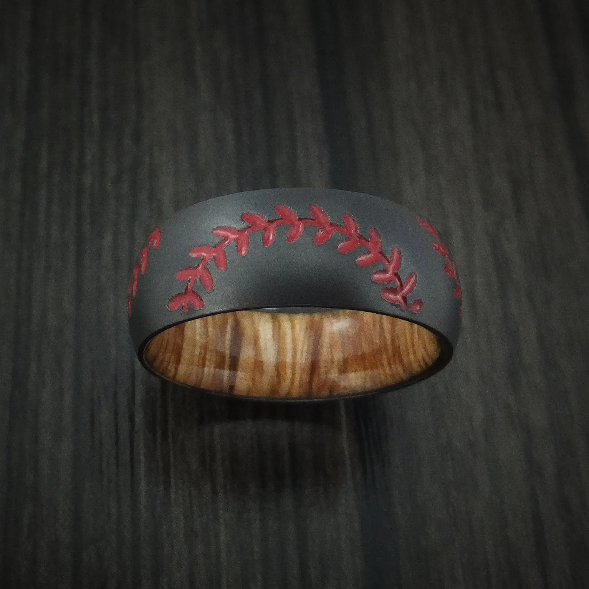 Black Zirconium Double Stitch Baseball Men's Ring with Custom Color and Hardwood Sleeve