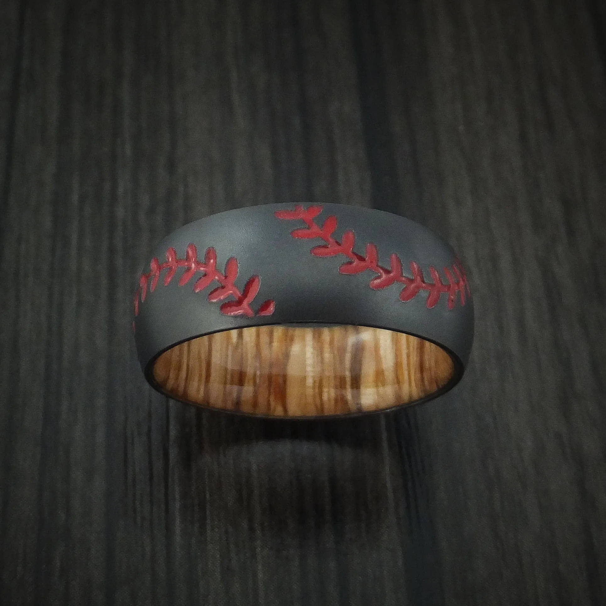 Black Zirconium Double Stitch Baseball Men's Ring with Custom Color and Hardwood Sleeve