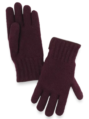 Cashmere Lined Knit Gloves - Burgundy