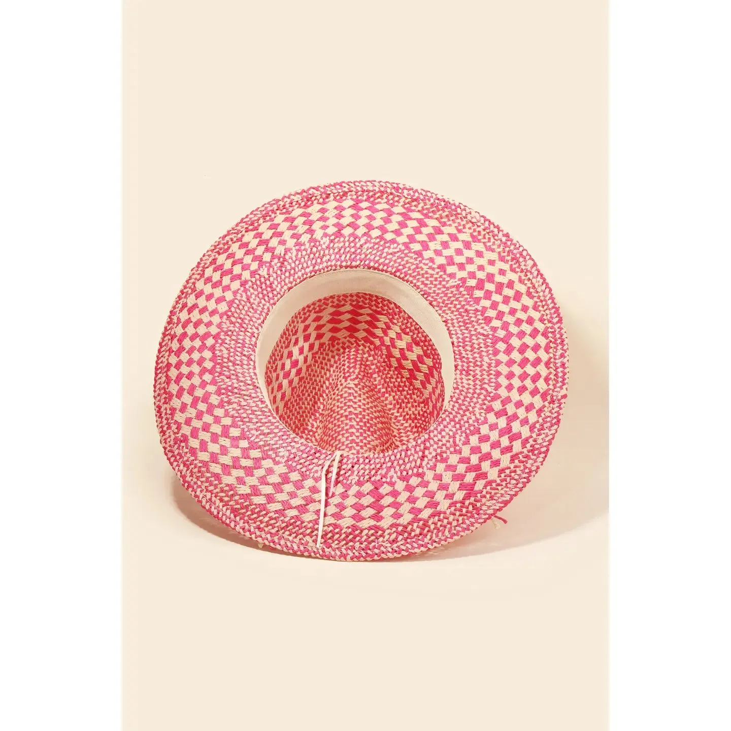 Checkered Straw Weave Sun Hat Fuchsia