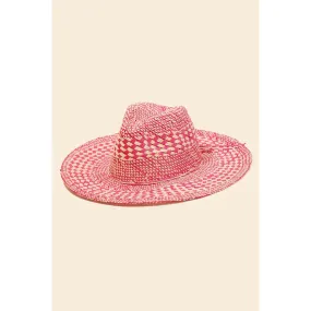 Checkered Straw Weave Sun Hat Fuchsia