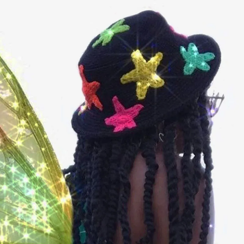 Colorful Starfish Pattern Hand Knit Crochet Bucket Hat