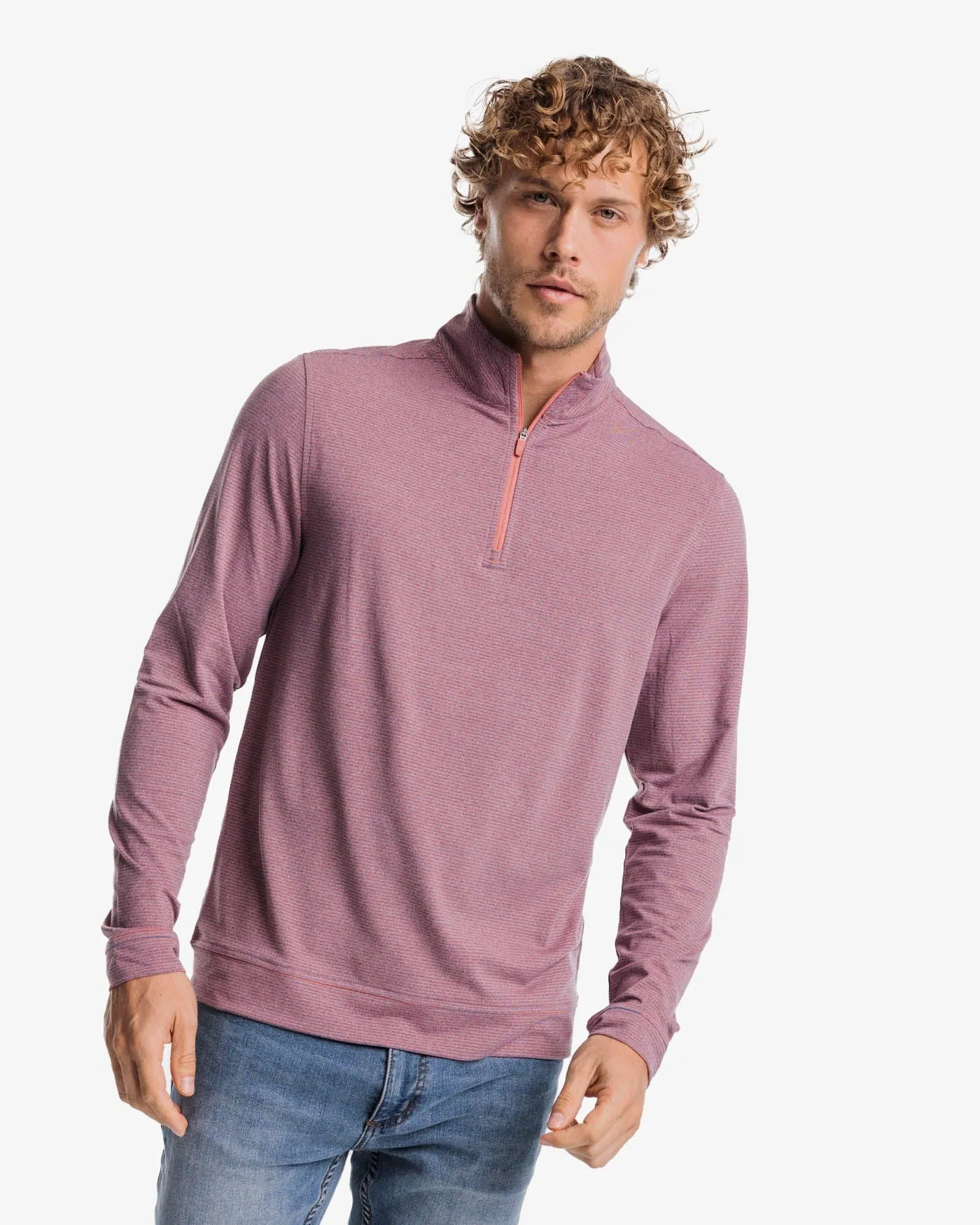 Cruiser Heather Micro-Stripe Performance Quarter Zip Pullover- Dusty Coral