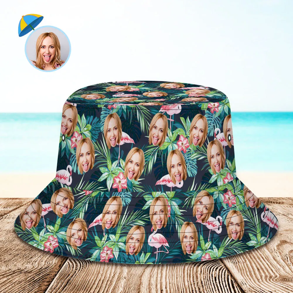 Custom Bucket Hat Personalized Face All Over Print Tropical Flower Print Hawaiian Fisherman Hat - Flamingo