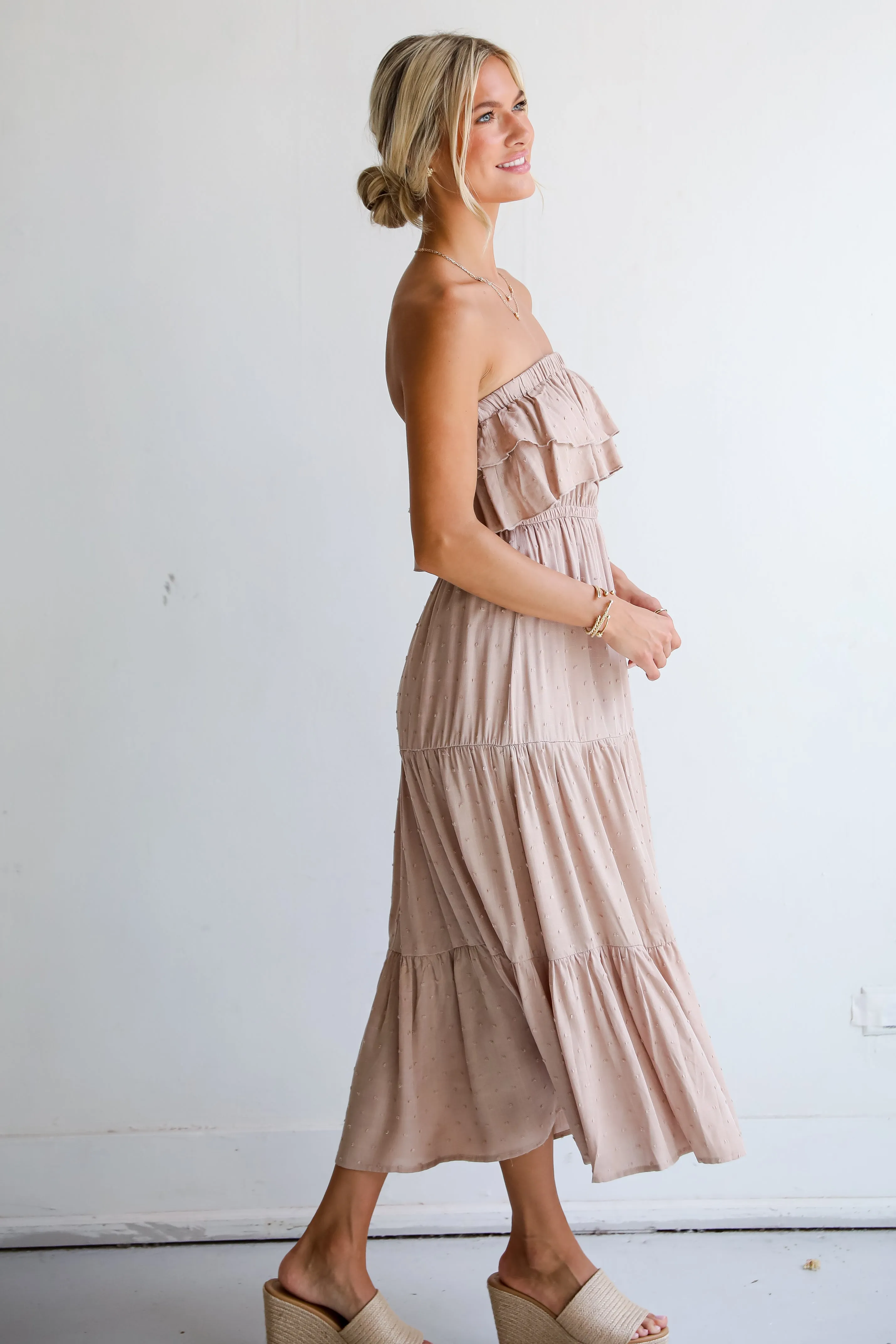 Darling Cuteness Taupe Tiered Strapless Midi Dress