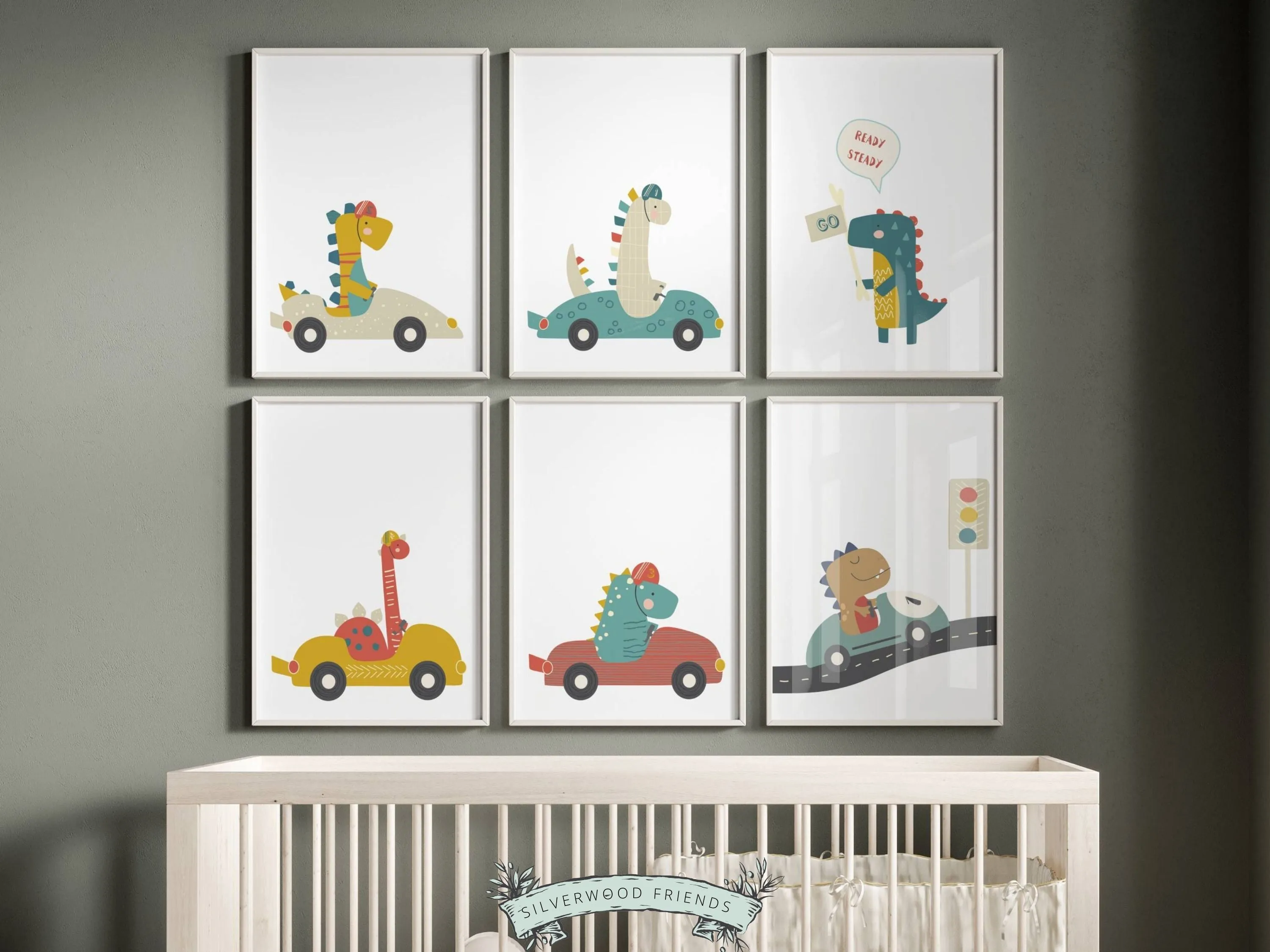 Dinosaurs Driving Cars Nursery Prints