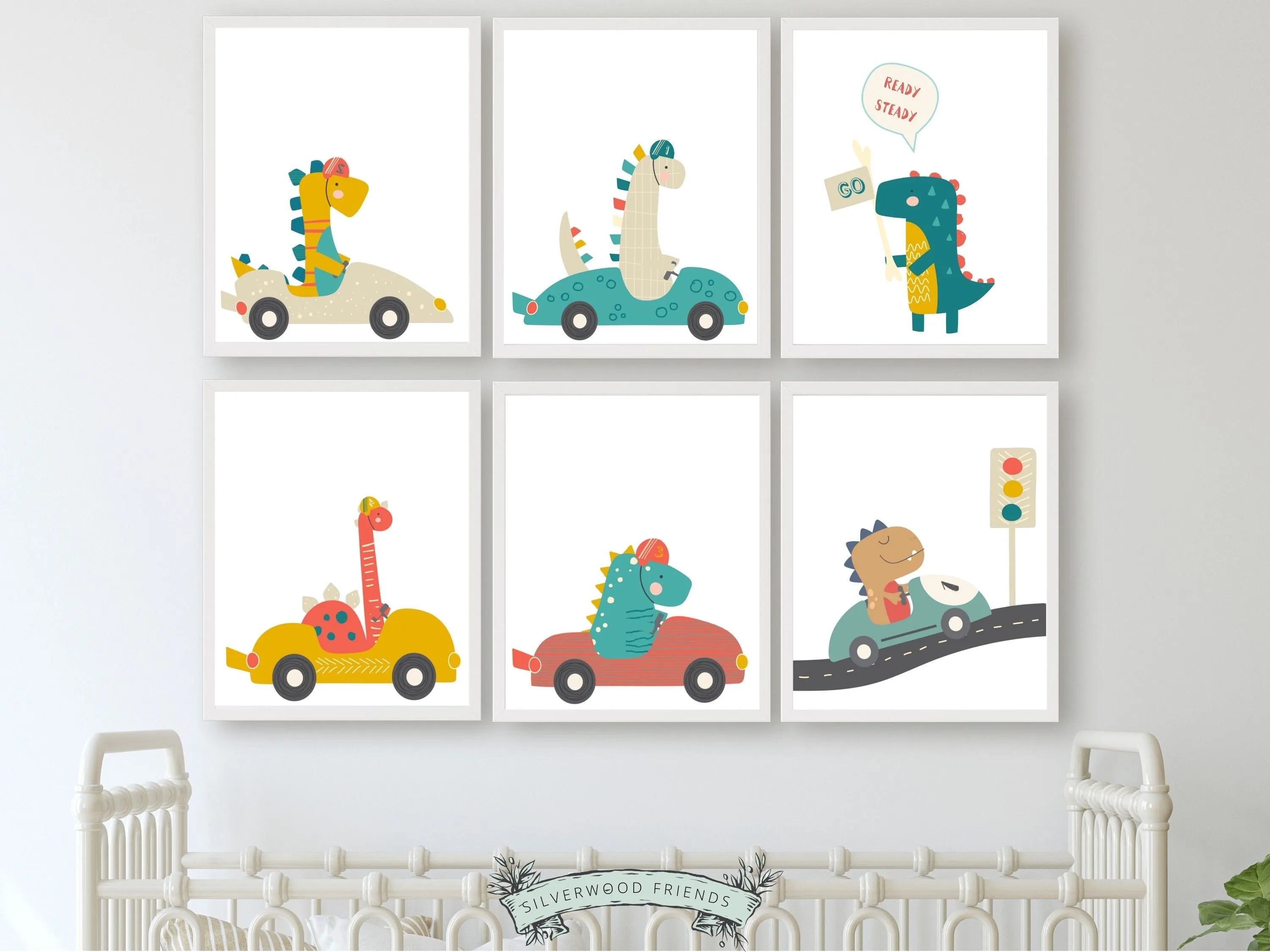 Dinosaurs Driving Cars Nursery Prints