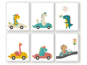 Dinosaurs Driving Cars Nursery Prints