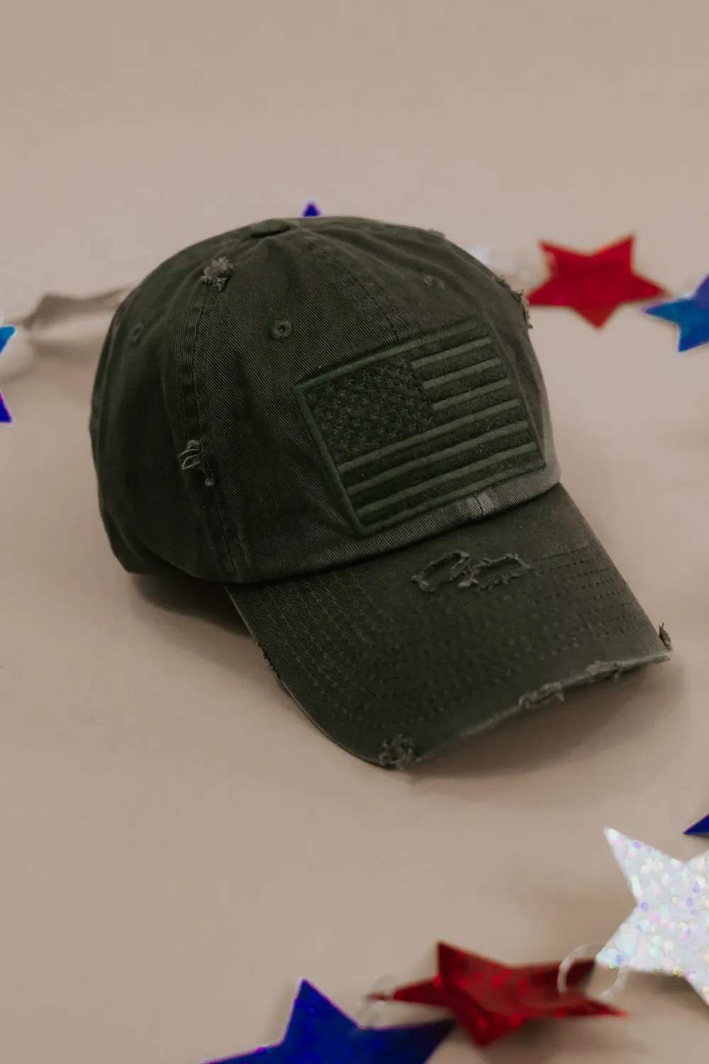 Distressed American Flag Hat , Army Green