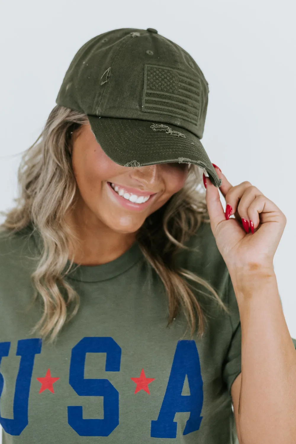 Distressed American Flag Hat , Army Green