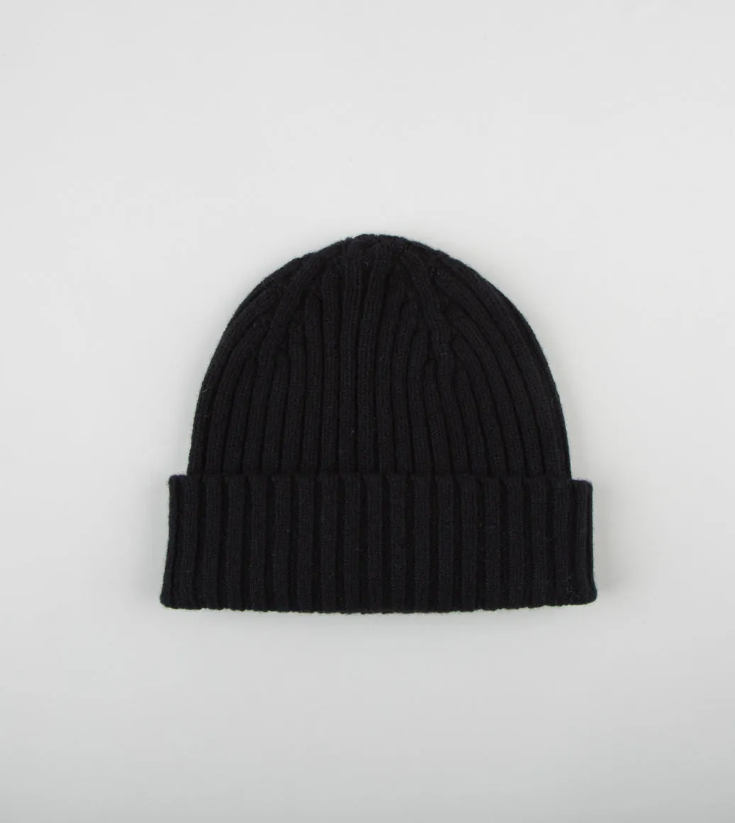 Drake's Lambswool Ribbed Knit Beanie / Black