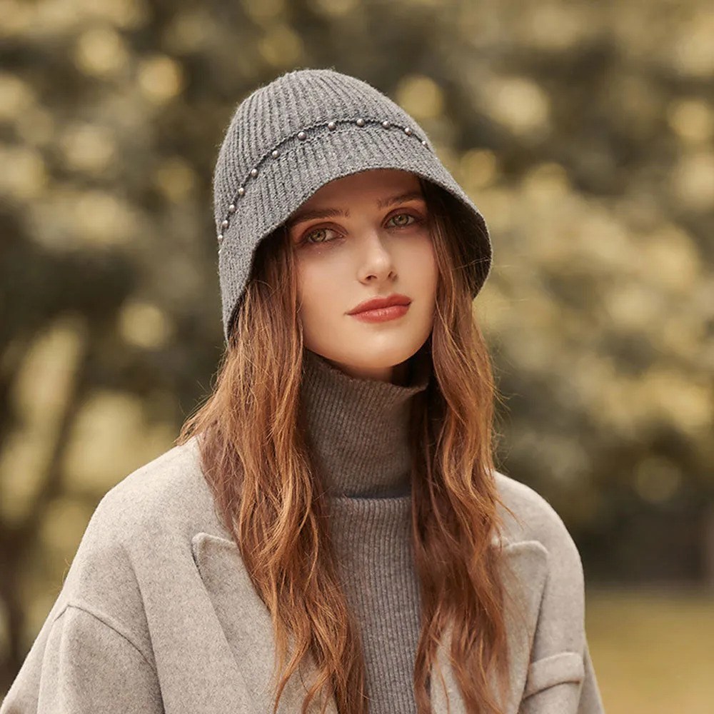 Elegant Bead Detail Textured Ribbed Knit Winter Floppy Bucket Hat