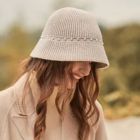 Elegant Bead Detail Textured Ribbed Knit Winter Floppy Bucket Hat