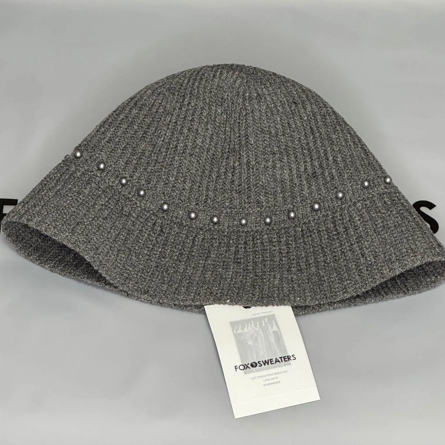 Elegant Bead Detail Textured Ribbed Knit Winter Floppy Bucket Hat