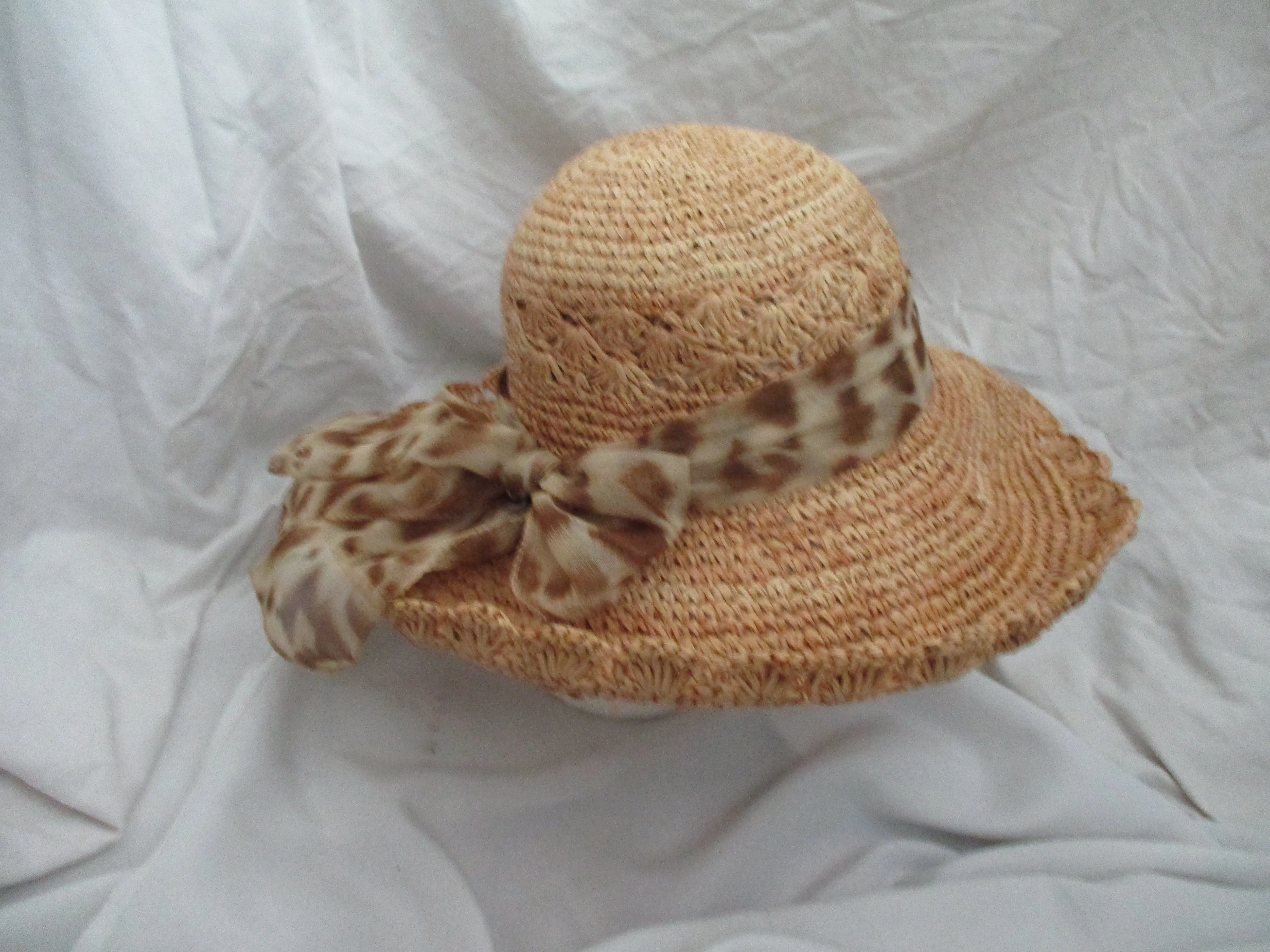 Floppy Woven STRAW Sun Hat Brim FEDORA LEOPARD Ribbon