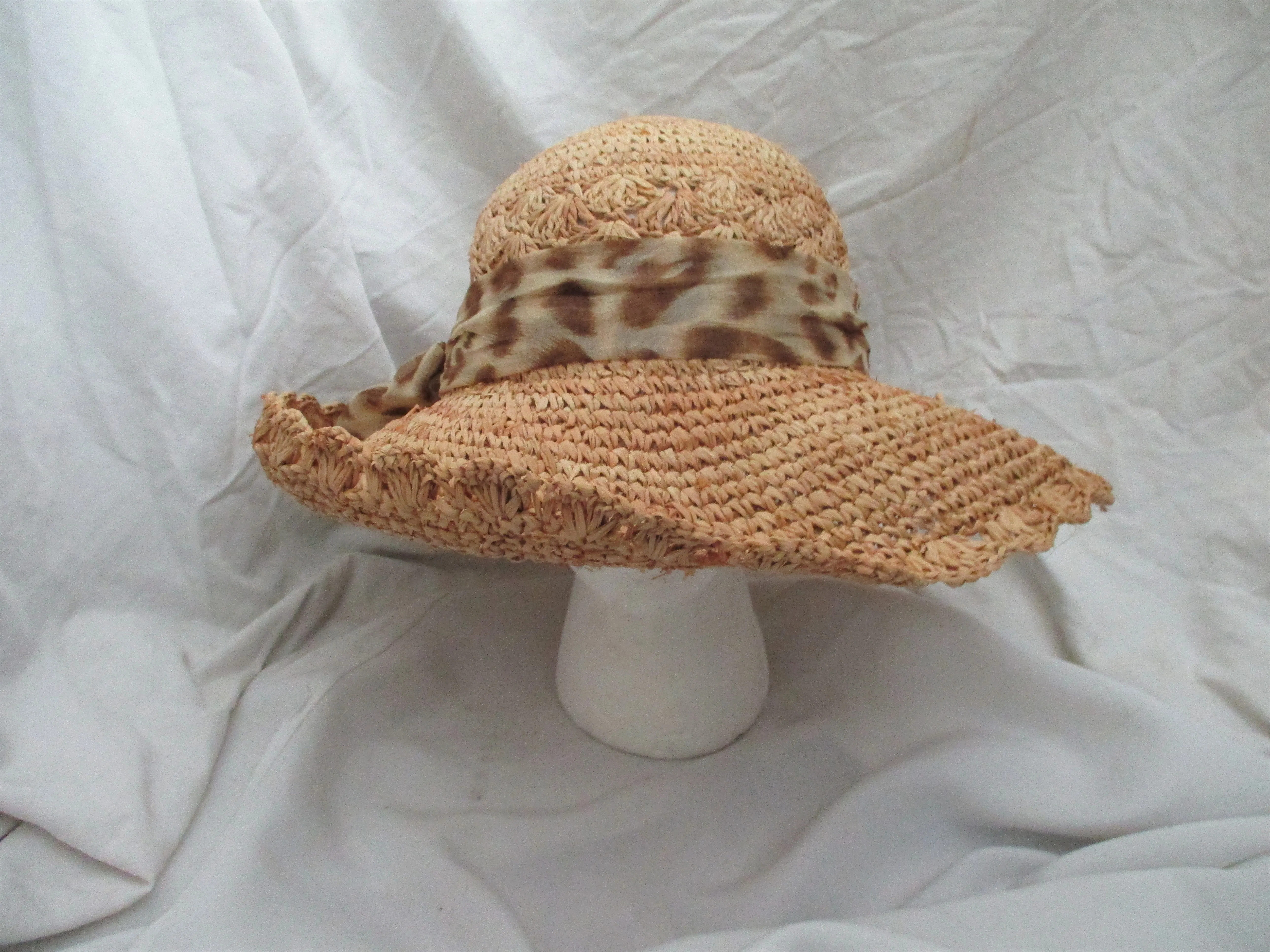 Floppy Woven STRAW Sun Hat Brim FEDORA LEOPARD Ribbon