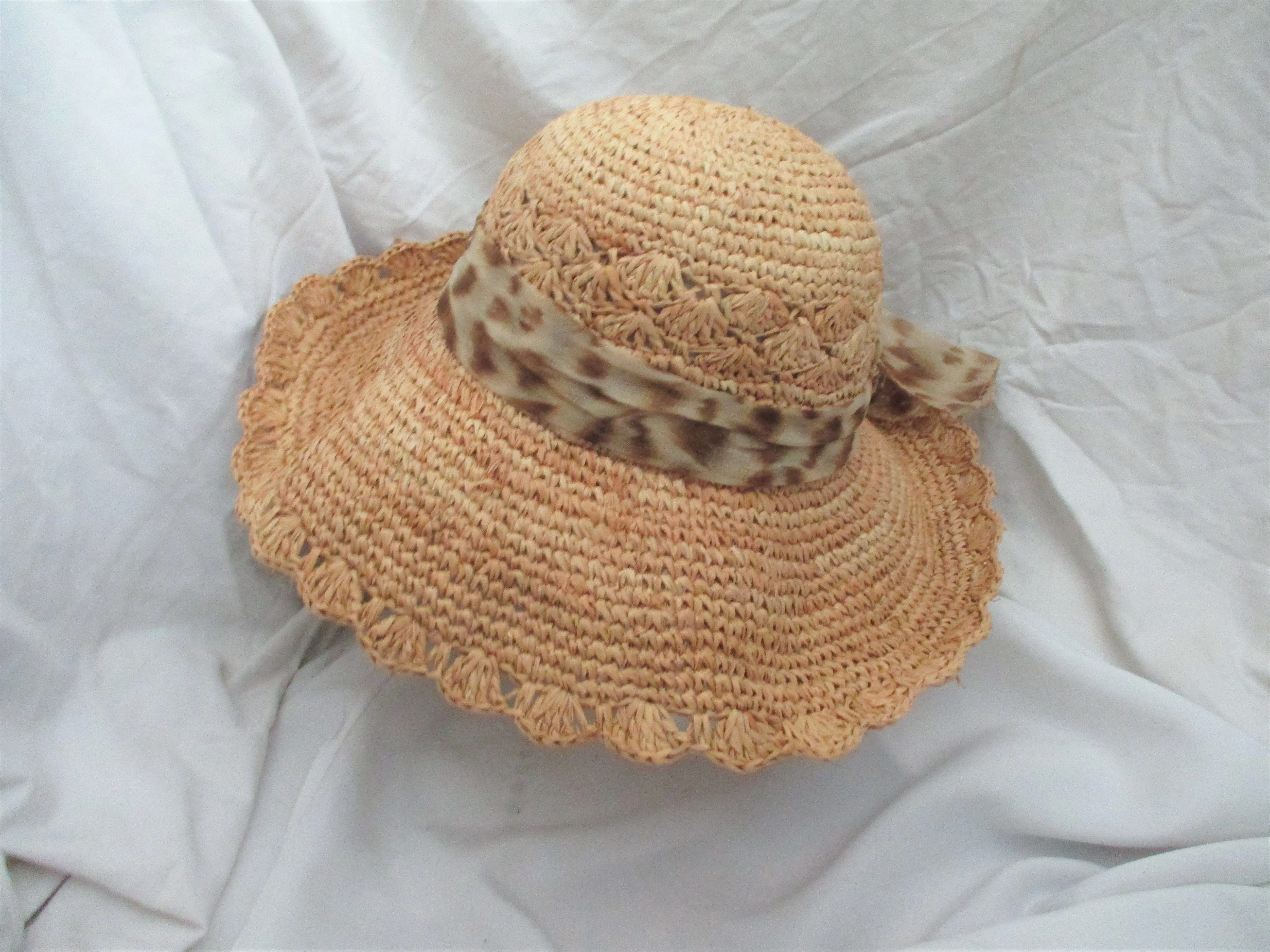 Floppy Woven STRAW Sun Hat Brim FEDORA LEOPARD Ribbon