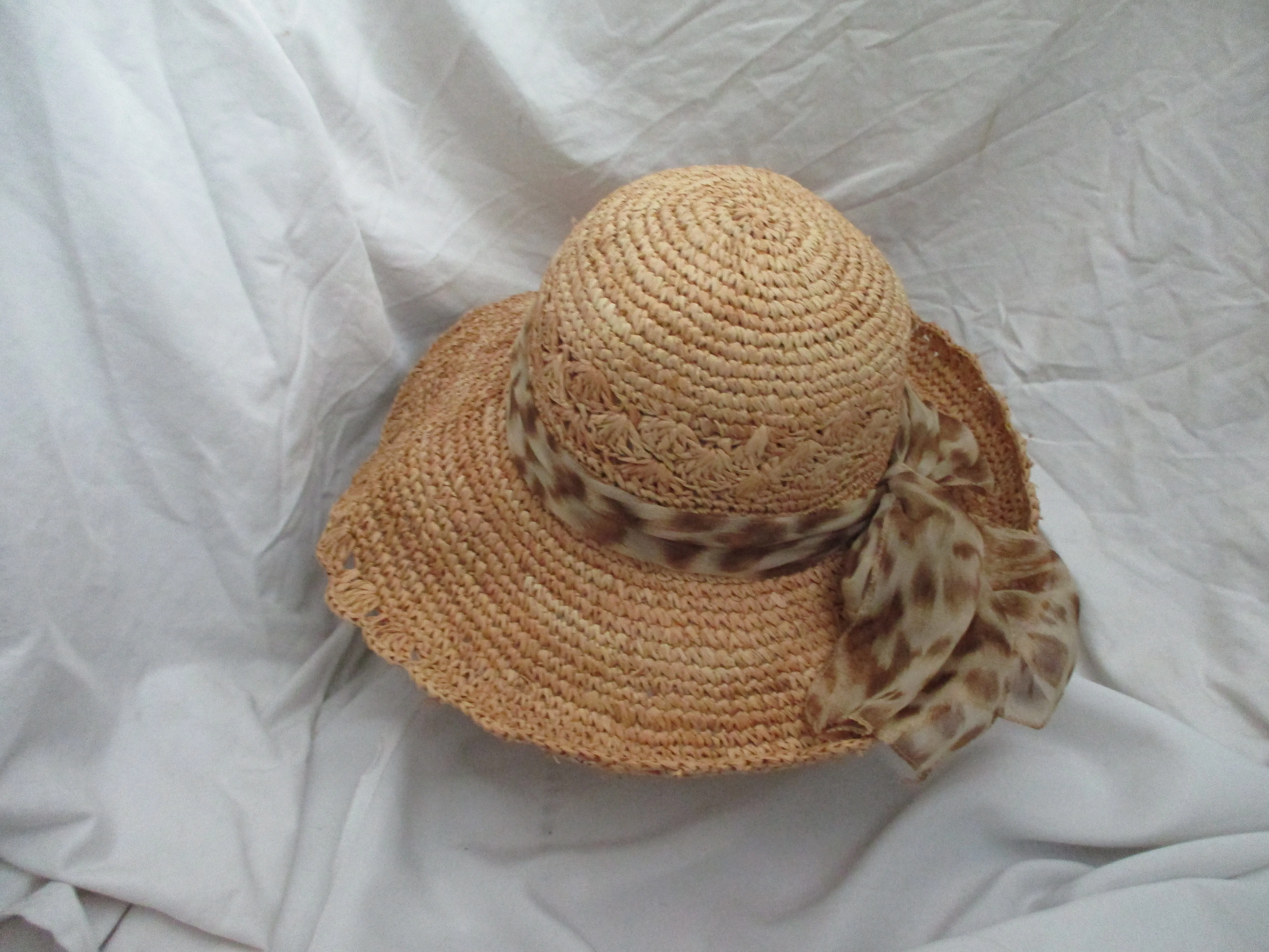 Floppy Woven STRAW Sun Hat Brim FEDORA LEOPARD Ribbon