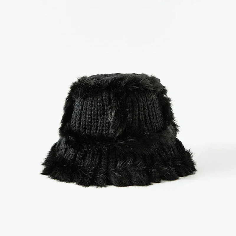 Fluffy Faux Fur Trim Handmade Crochet Cable Knit Bucket Hat