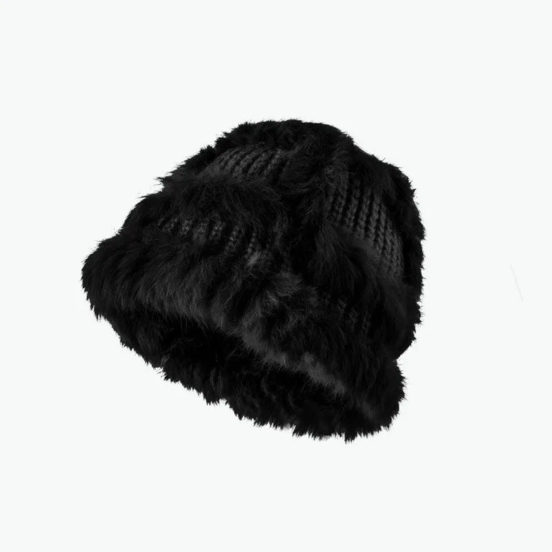 Fluffy Faux Fur Trim Handmade Crochet Cable Knit Bucket Hat